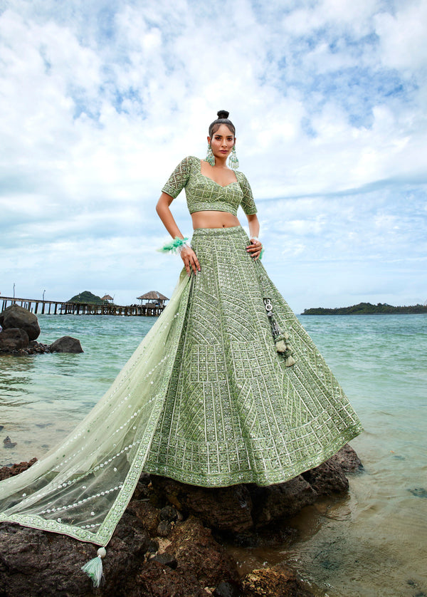 House of Panchhi Lime Green Net Sequins, Zarkan And Thread Embroidery Lehenga Choli & Dupatta - Distacart