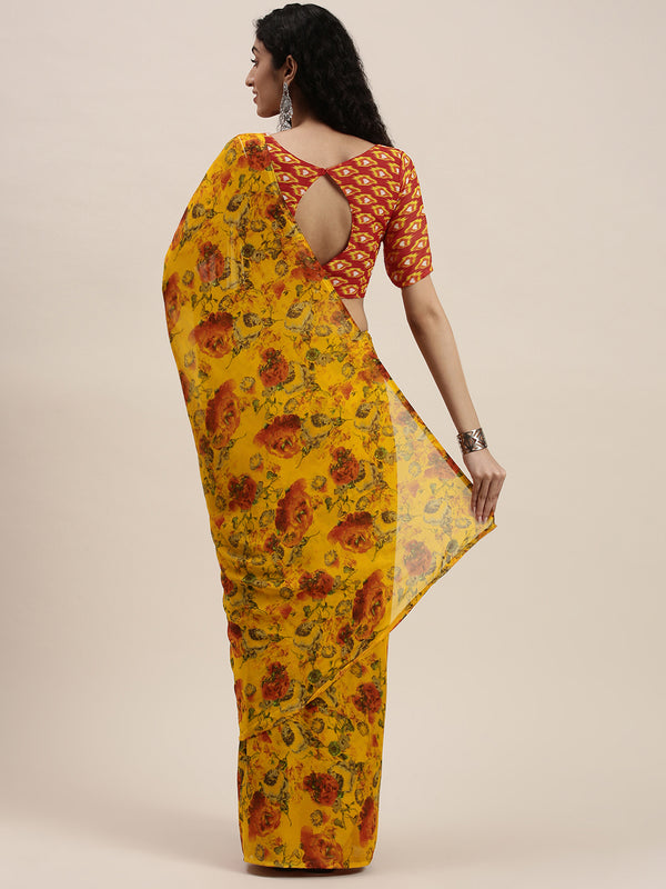 Kalini Yellow Floral Printed Saree - Distacart