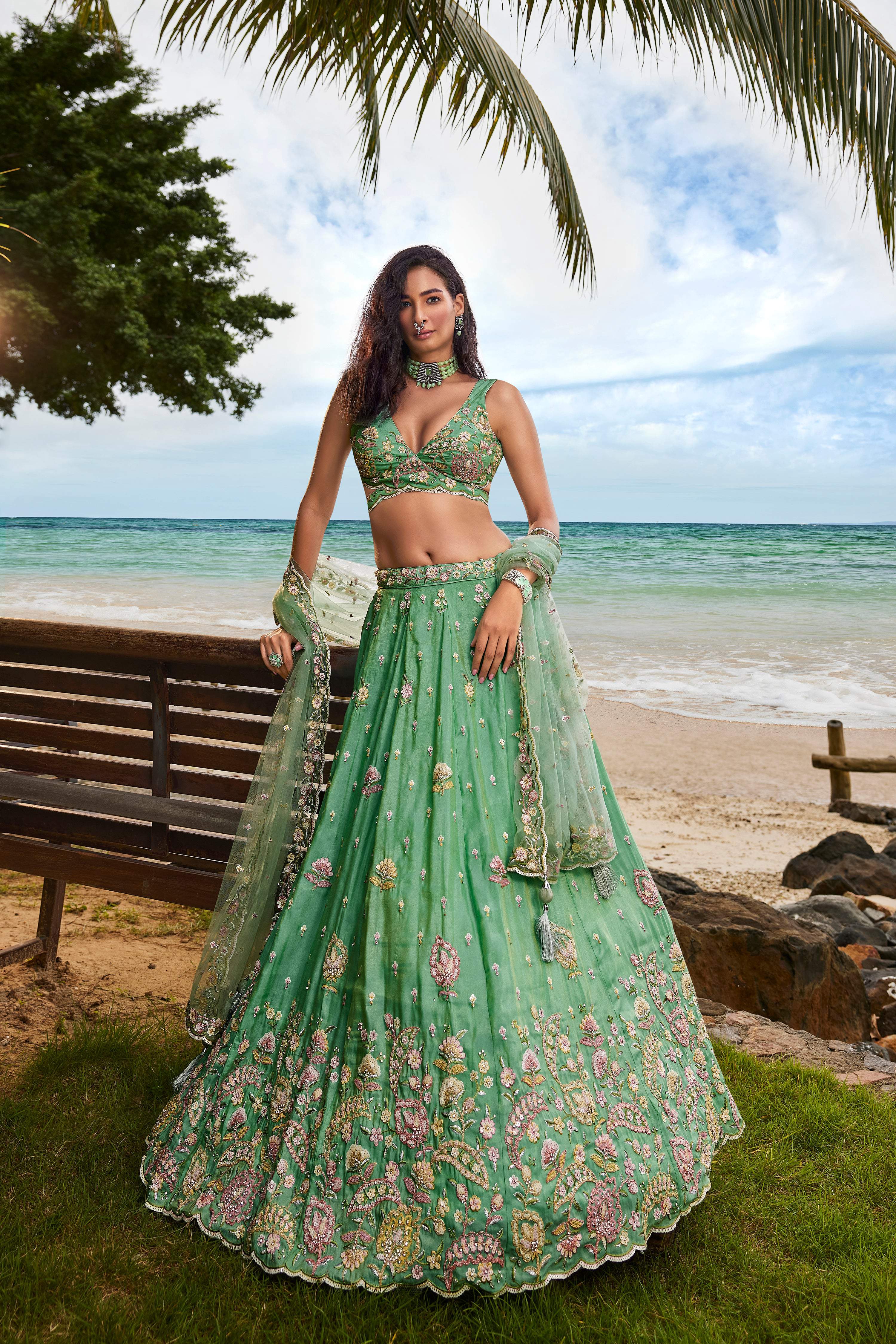 House of Panchhi Sea Green Georgette Sequins, Zarkan And Thread Embroidery Lehenga Choli & Dupatta - Distacart