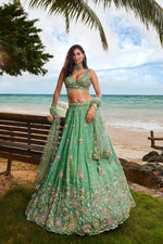 Thumbnail for House of Panchhi Sea Green Georgette Sequins, Zarkan And Thread Embroidery Lehenga Choli & Dupatta - Distacart