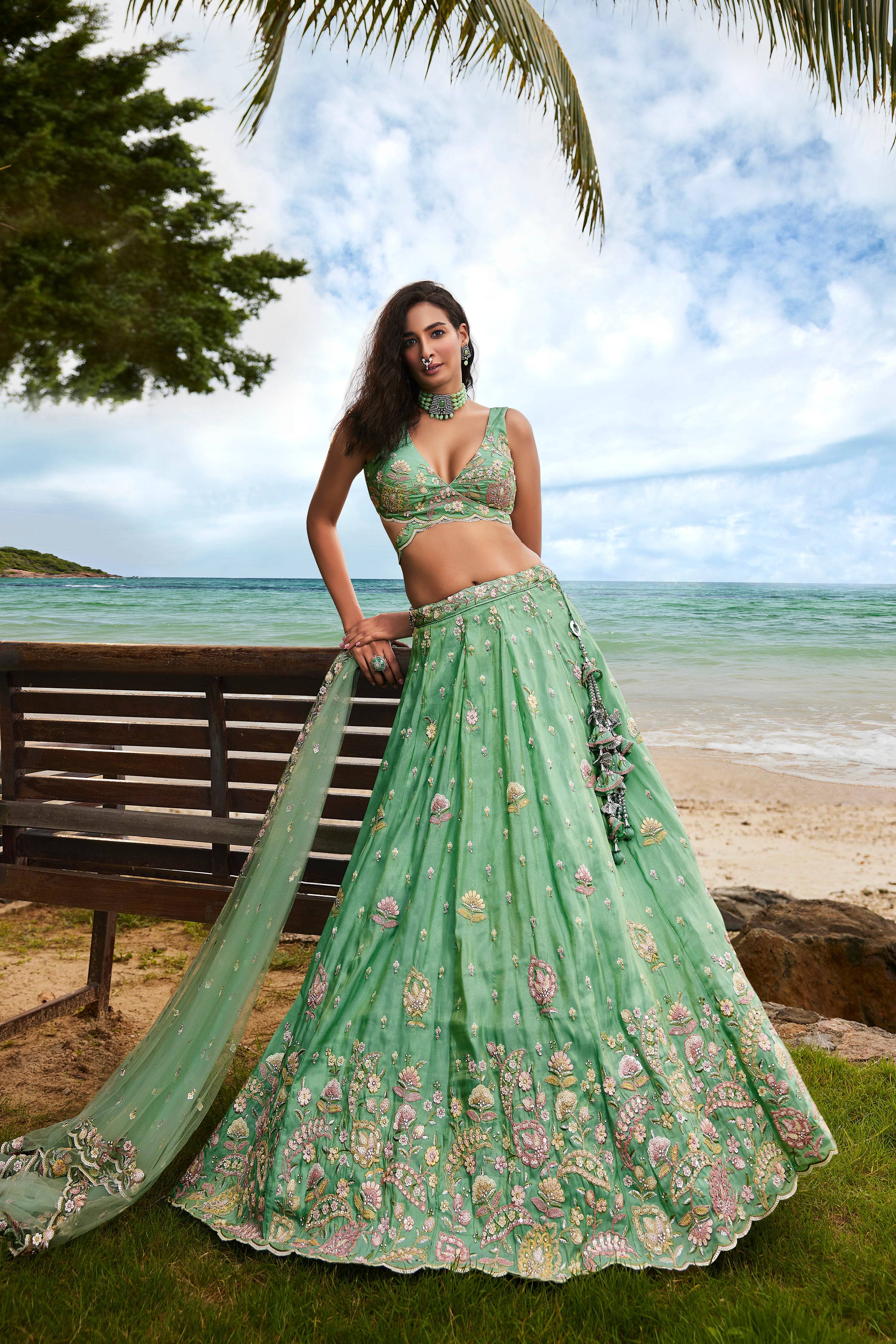House of Panchhi Sea Green Georgette Sequins, Zarkan And Thread Embroidery Lehenga Choli & Dupatta - Distacart