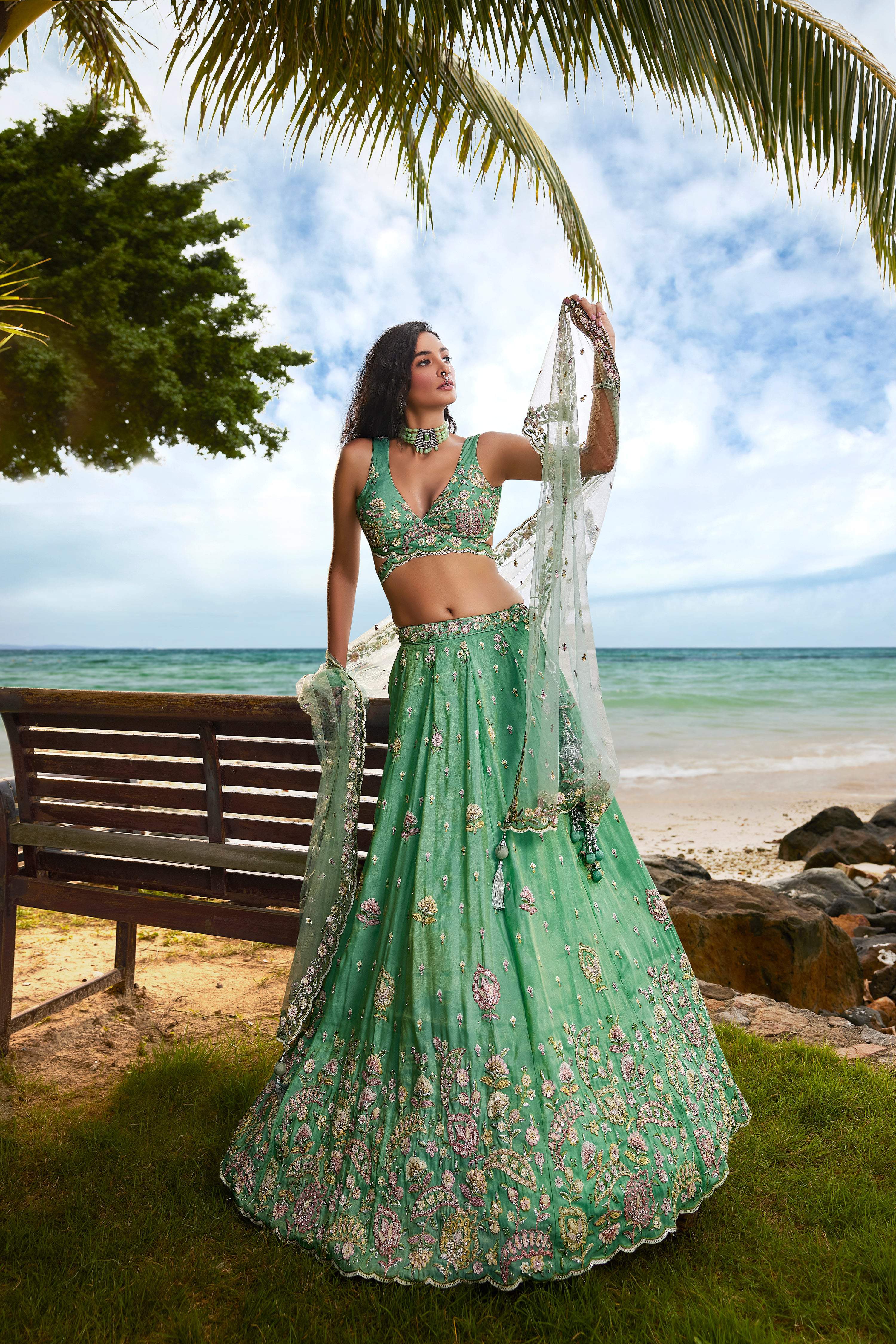 House of Panchhi Sea Green Georgette Sequins, Zarkan And Thread Embroidery Lehenga Choli & Dupatta - Distacart