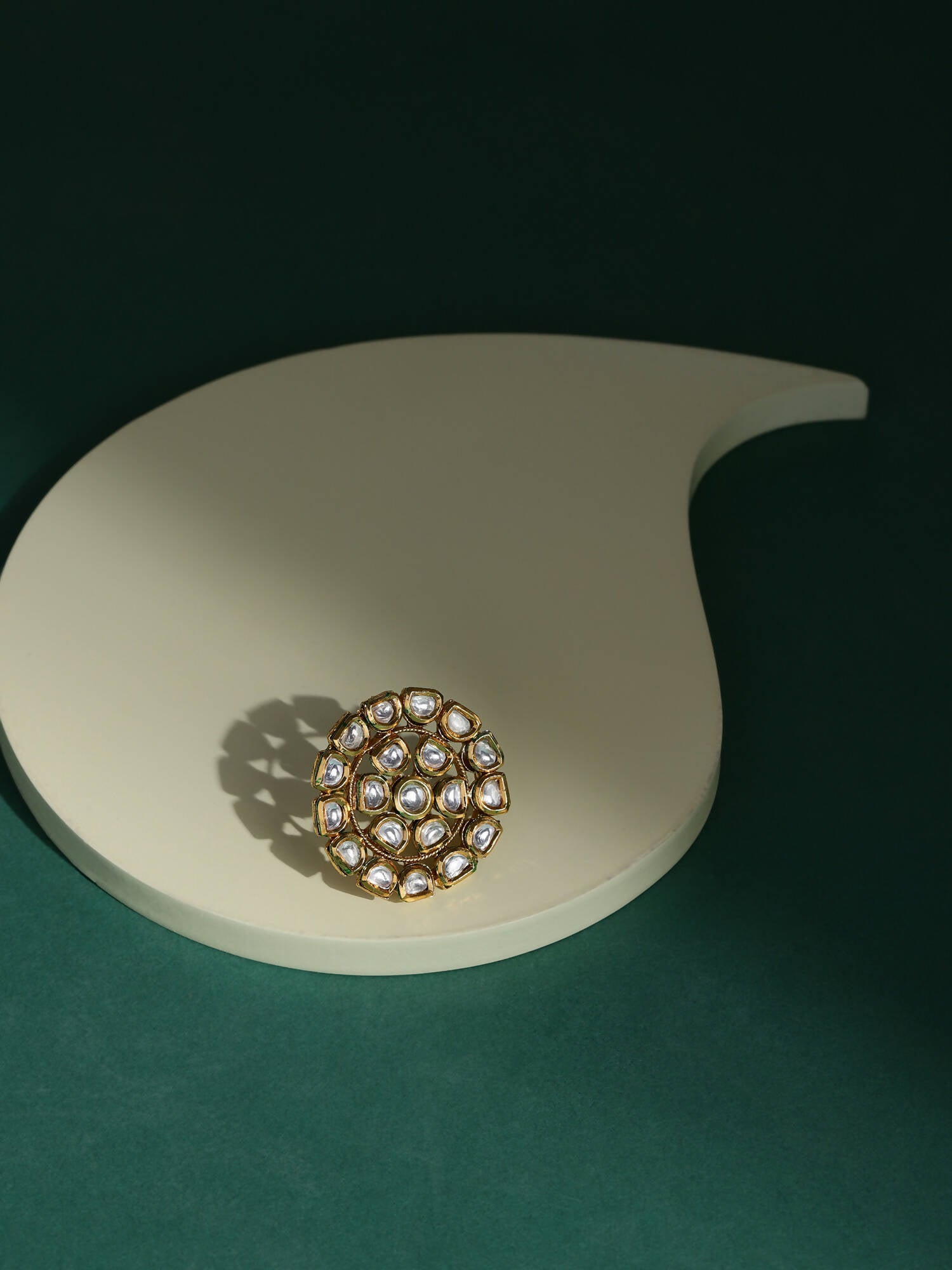 Gold-Plated White Kundan Studded Adjustable Finger Ring - Ruby Raang - Distacart