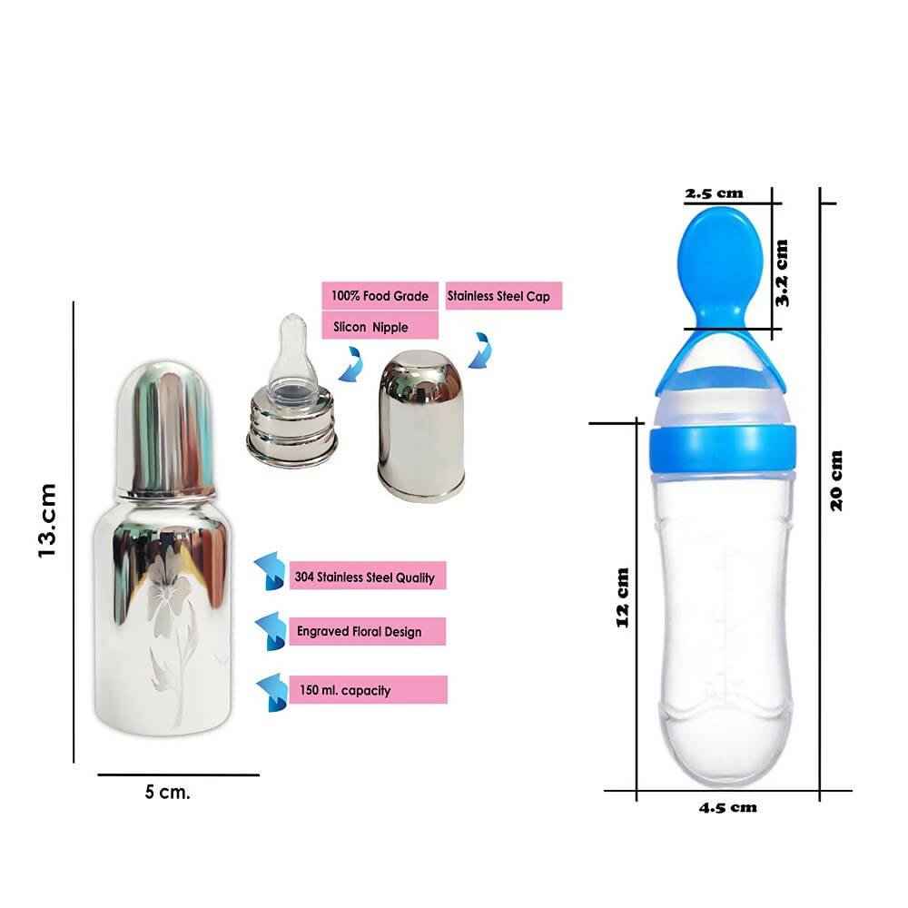 Goodmunchkins Stainless Steel Feeding Bottle & Spoon Food Feeder Anti Colic Silicone Nipple Combo-(Blue, 150ml) - Distacart