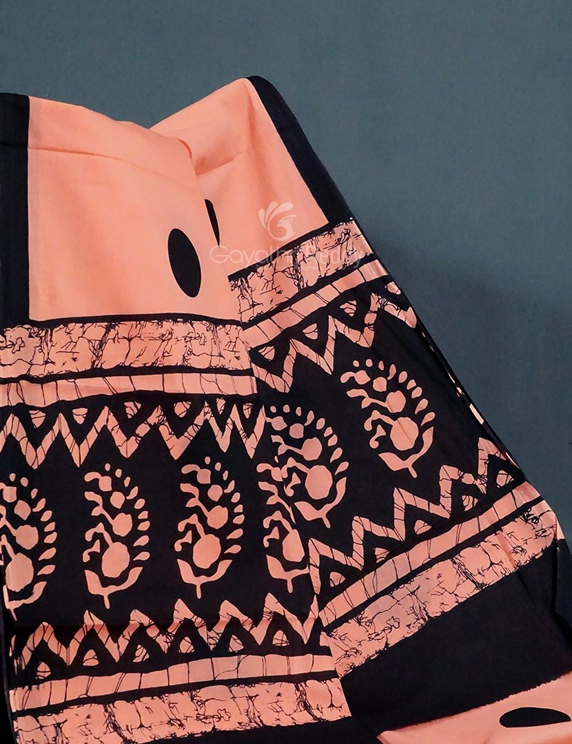 Peach And Black Block Print Pure Mulmul Cotton Saree By Gayathri Reddy Designer Studio - Distacart