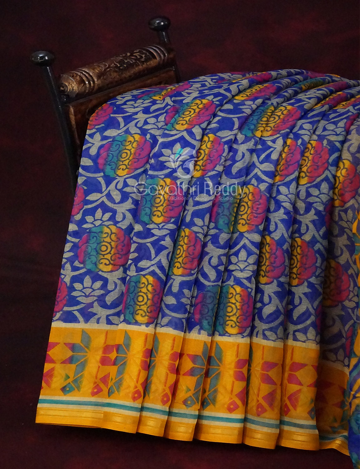 Ink Blue Printed Semi Chanderi Saree By Gayathri Reddy Designer Studio - Distacart
