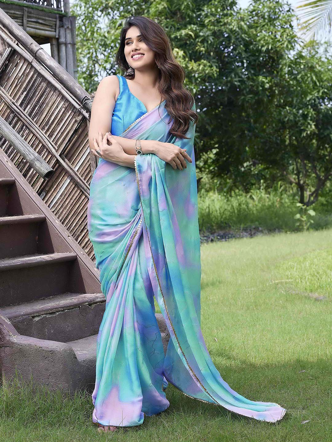 Kalini Teal & Blue Tie and Dye Saree - Distacart