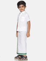 Thumbnail for Sethukrishna Boys White & Green Pure Cotton Solid Shirt and Veshti Set - Distacart