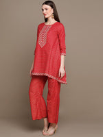 Thumbnail for HERE&NOW Embroidered Ethnic Motifs Printed Mirror Work Asymmetric Kurti with Palazzos - Distacart
