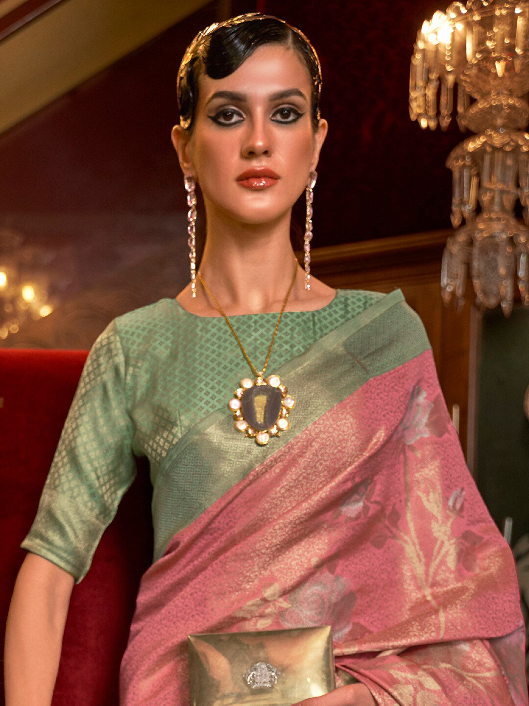 Mitera Women Pink & Green Floral Zari Silk Blend Banarasi Saree - Distacart