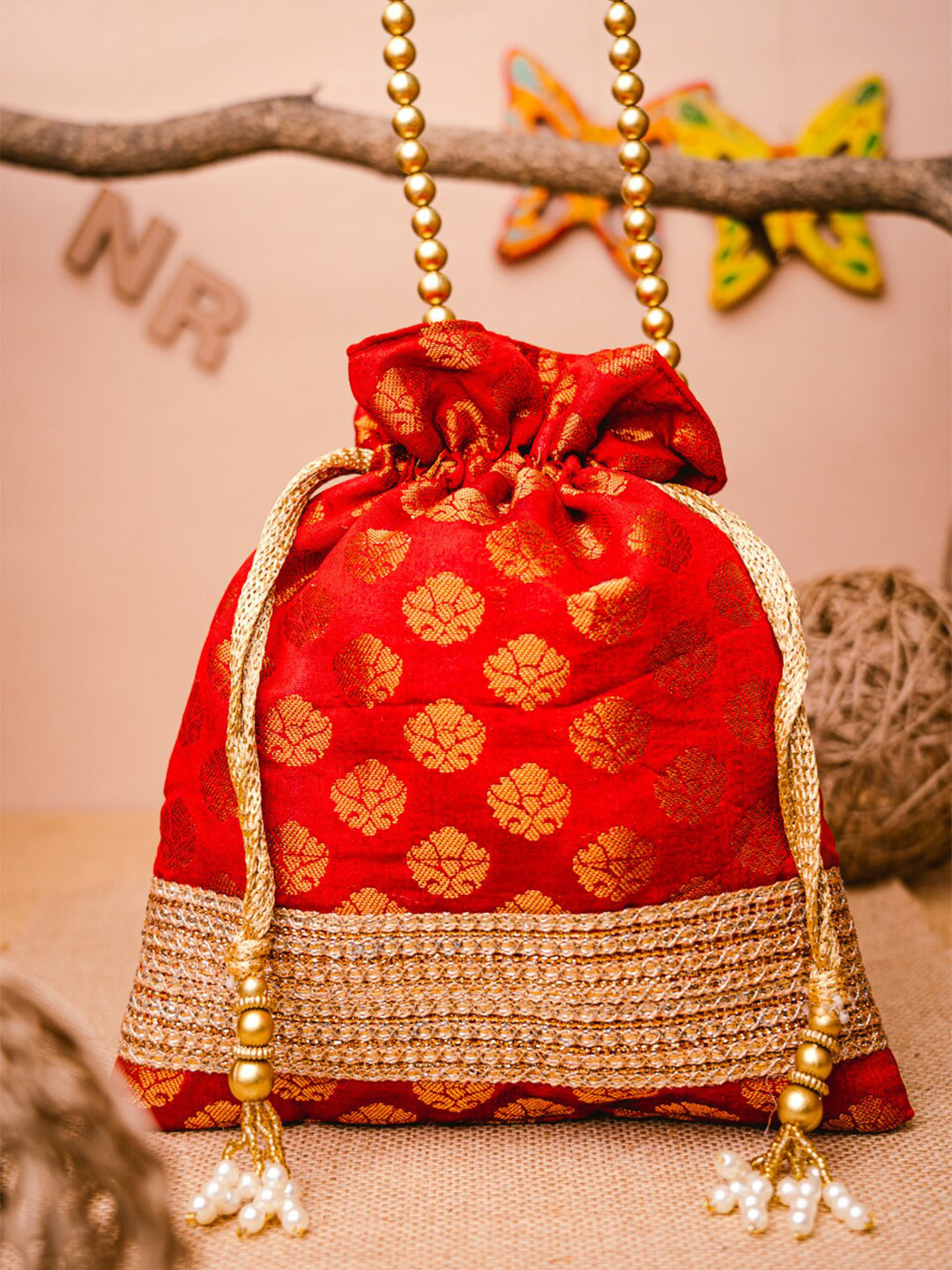 NR By Nidhi Rathi Red & Gold-Toned Embroidered Potli Clutch - Distacart