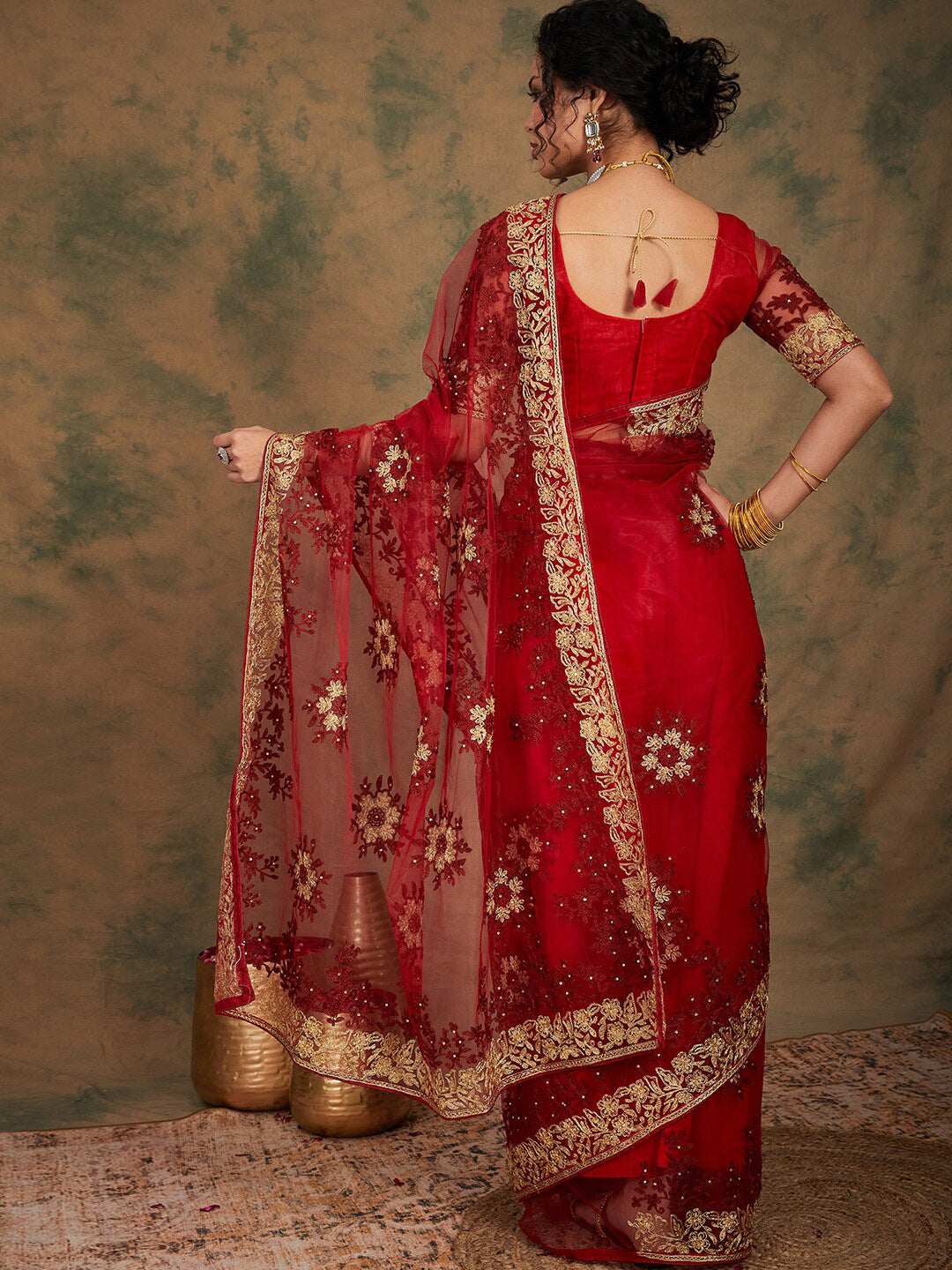 Sangria Floral Embroidered Net Sarees - Distacart