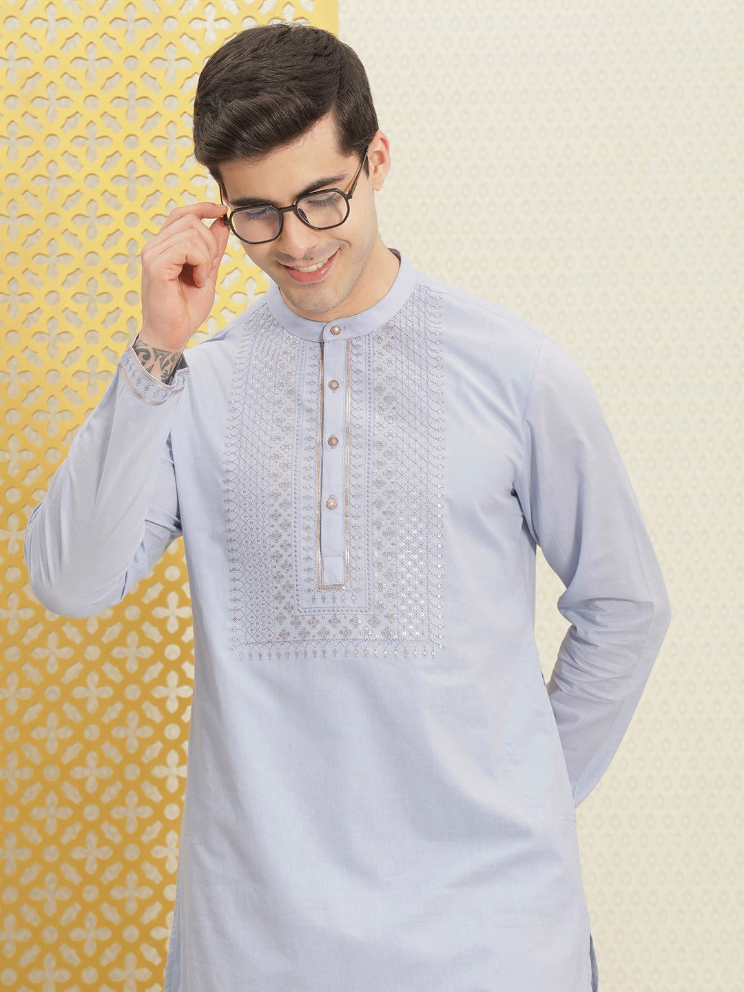 House of Pataudi Jashn Pure Cotton Yoke Design Sequinned Kurta - Distacart