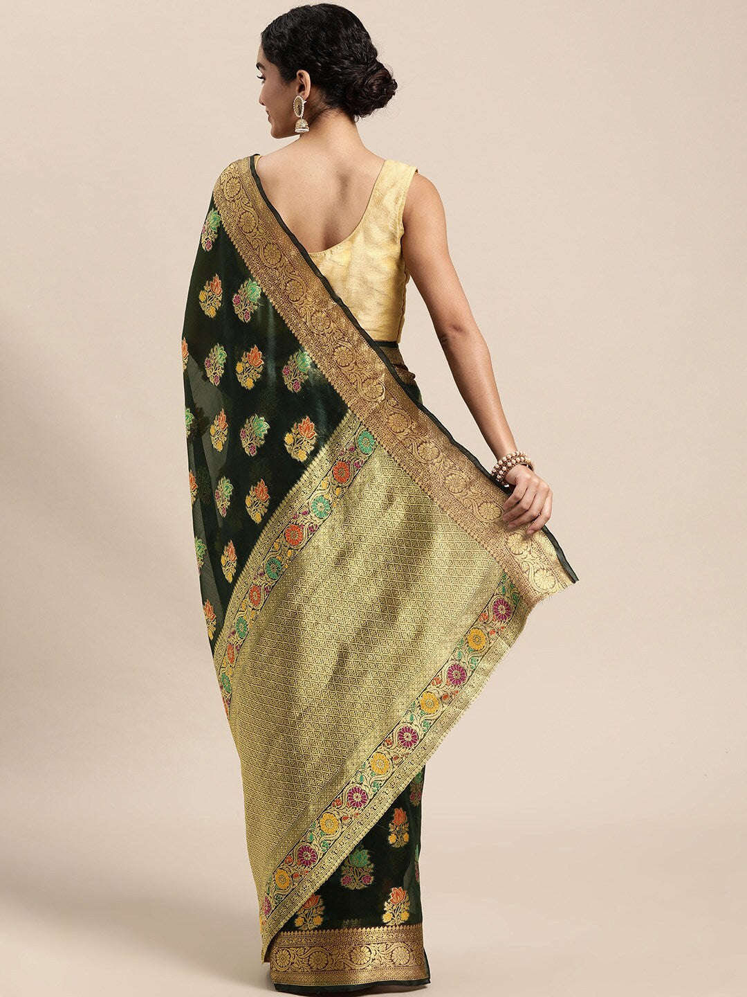 Mitera Green Floral Zari Organza Kanjeevaram Saree - Distacart