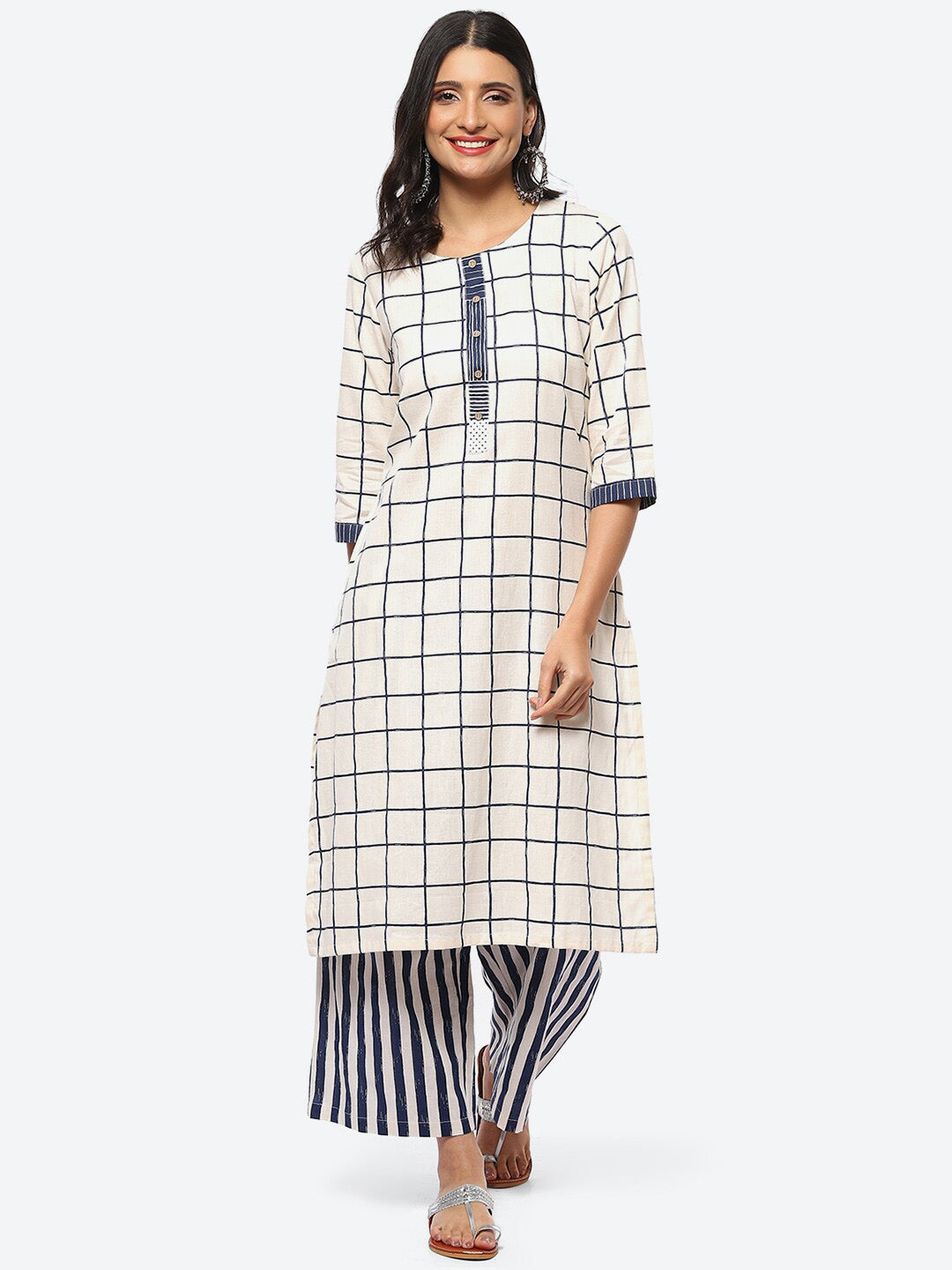 Biba Checked Printed Regular Kurta With Palazzos - Distacart