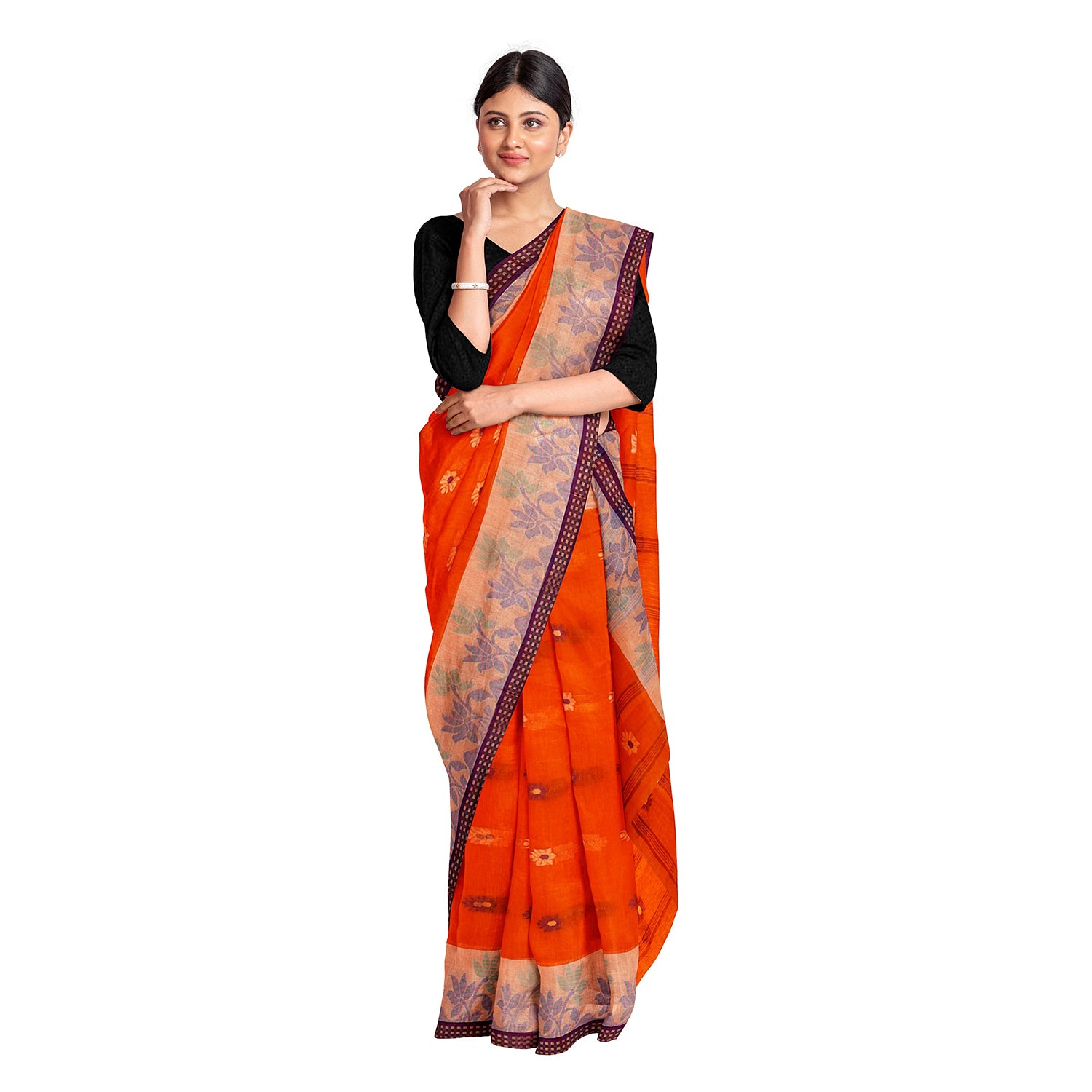 Exclusive Collection 100% Pure Cotton Orange Tant Saree With Hand Weaving Work - Distacart