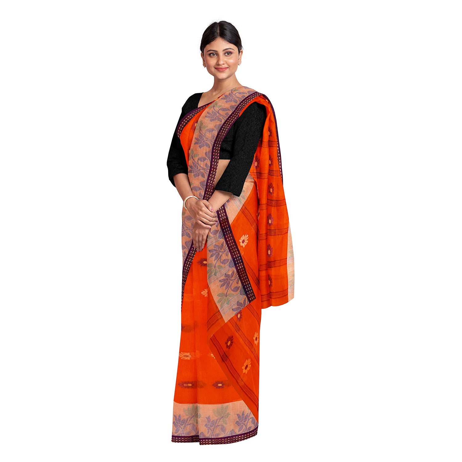 Exclusive Collection 100% Pure Cotton Orange Tant Saree With Hand Weaving Work - Distacart