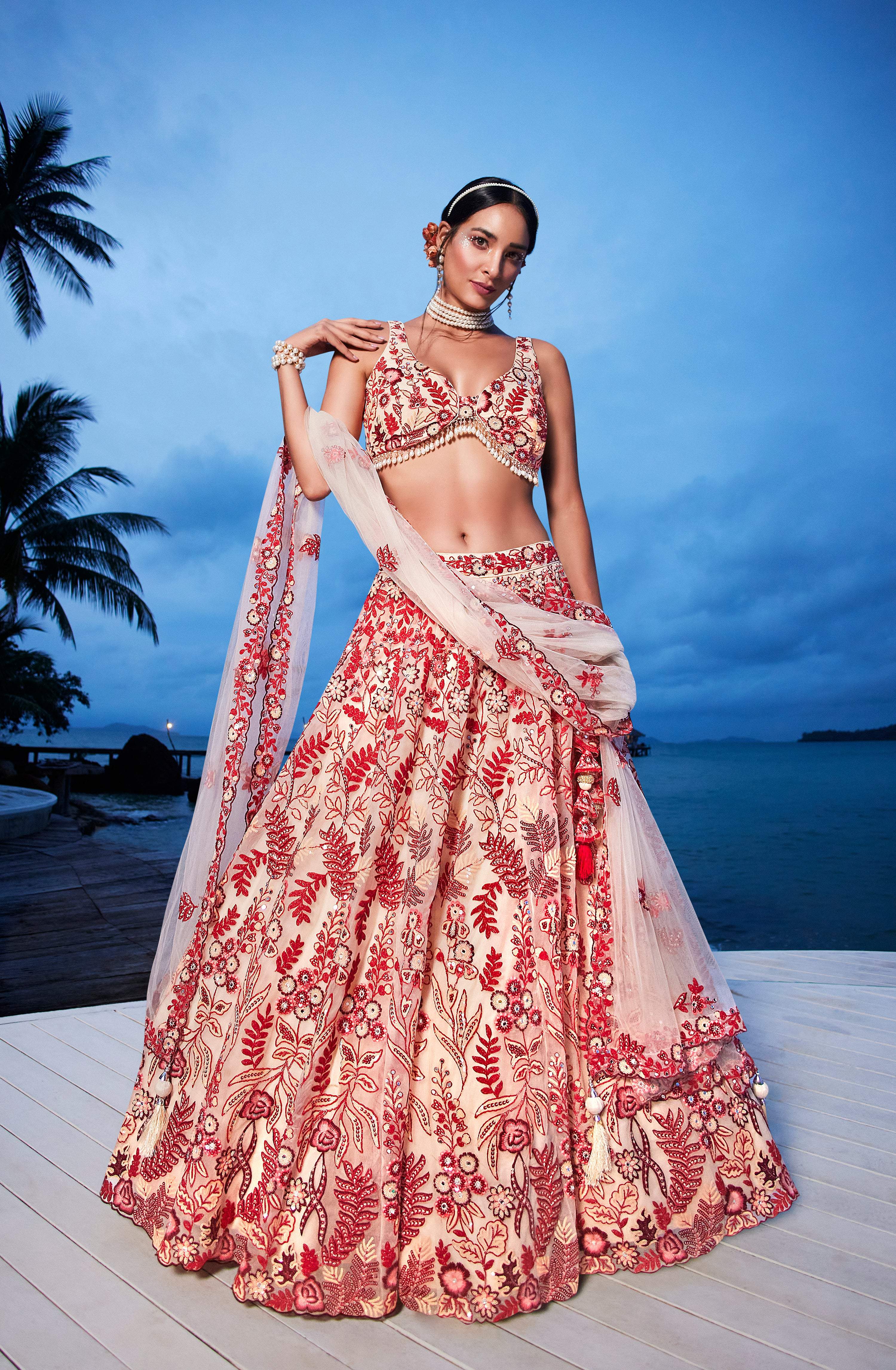 House of Panchhi Peach Net Sequins, Mirror And Thread Embroidery Lehenga Choli & Dupatta - Distacart