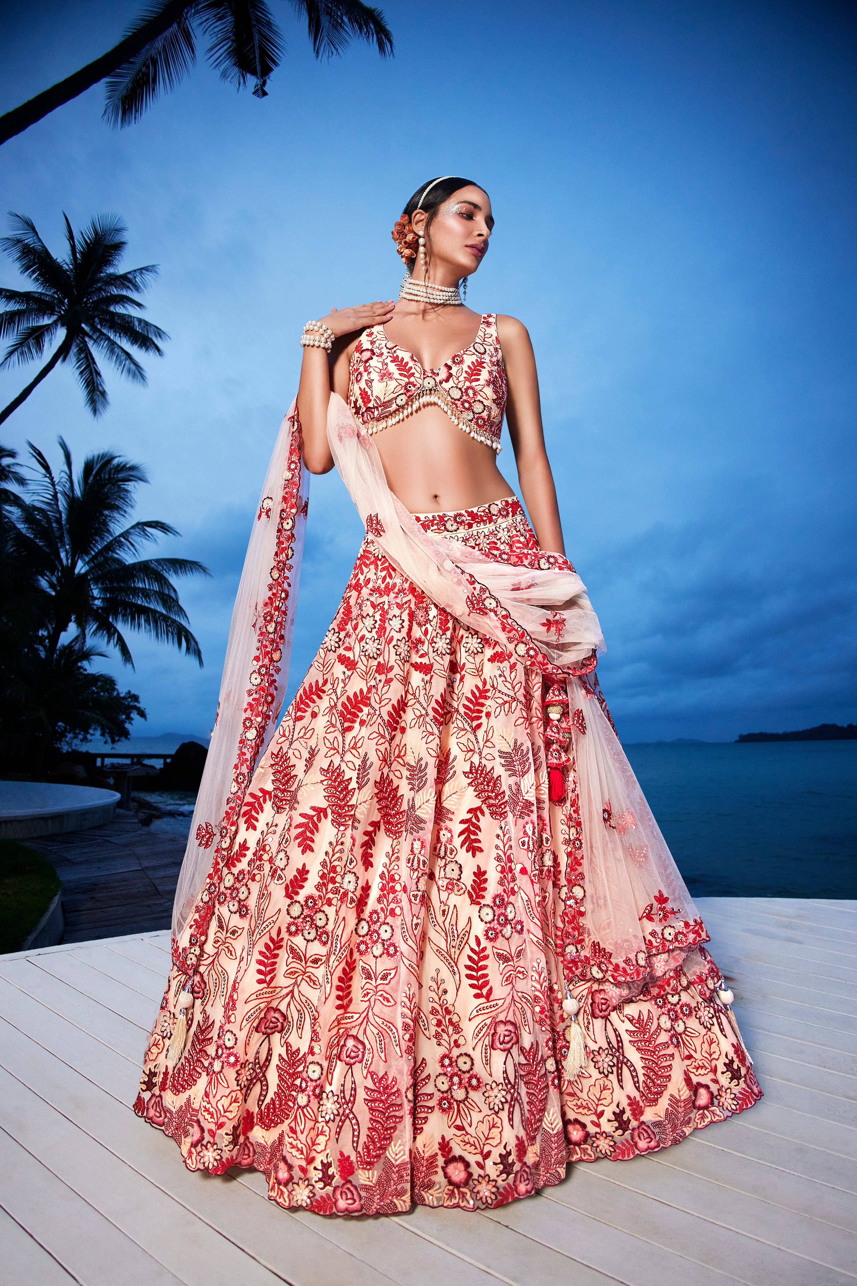 House of Panchhi Peach Net Sequins, Mirror And Thread Embroidery Lehenga Choli & Dupatta - Distacart