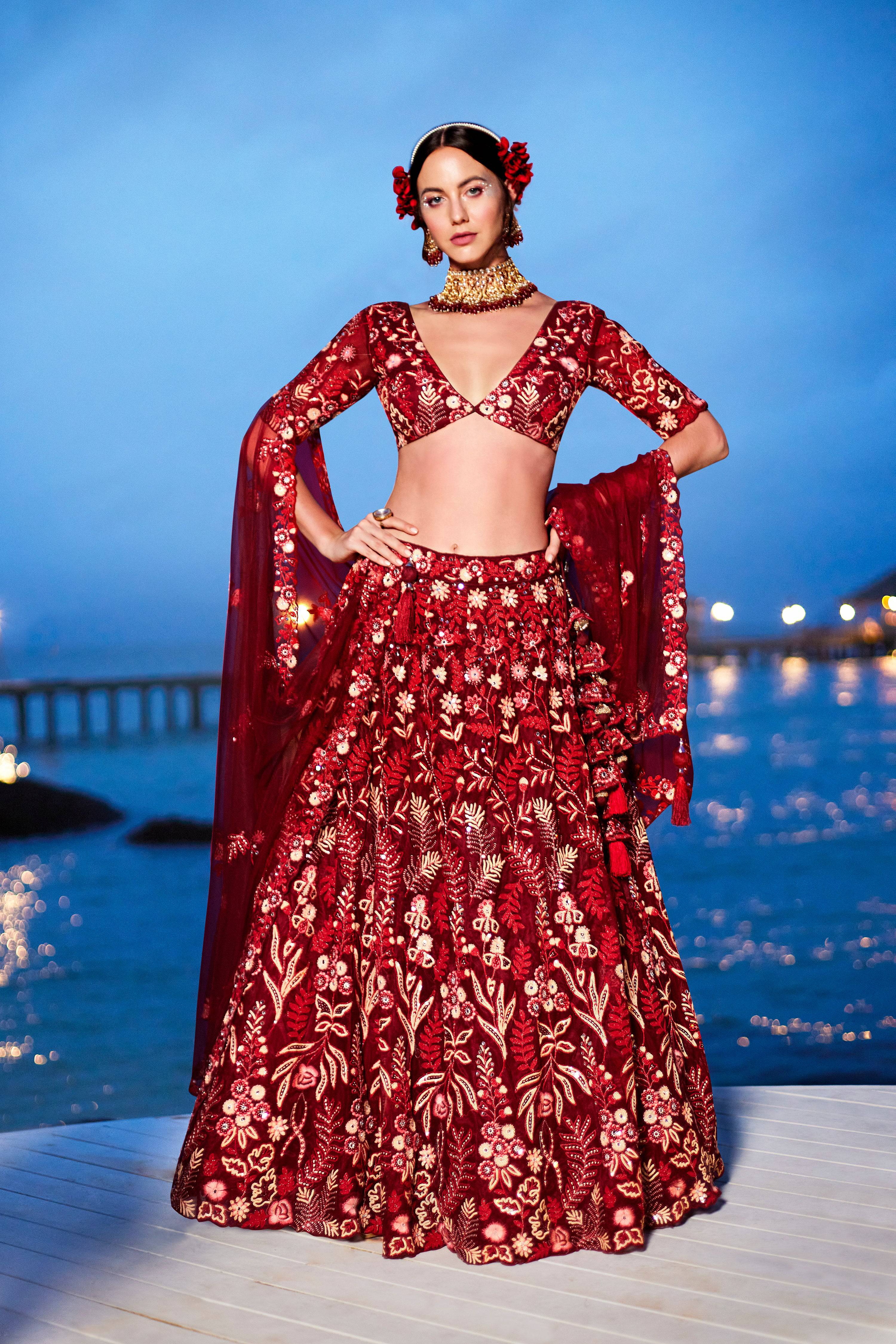 House of Panchhi Red Net Sequins, Mirror And Thread Embroidery Lehenga Choli & Dupatta - Distacart