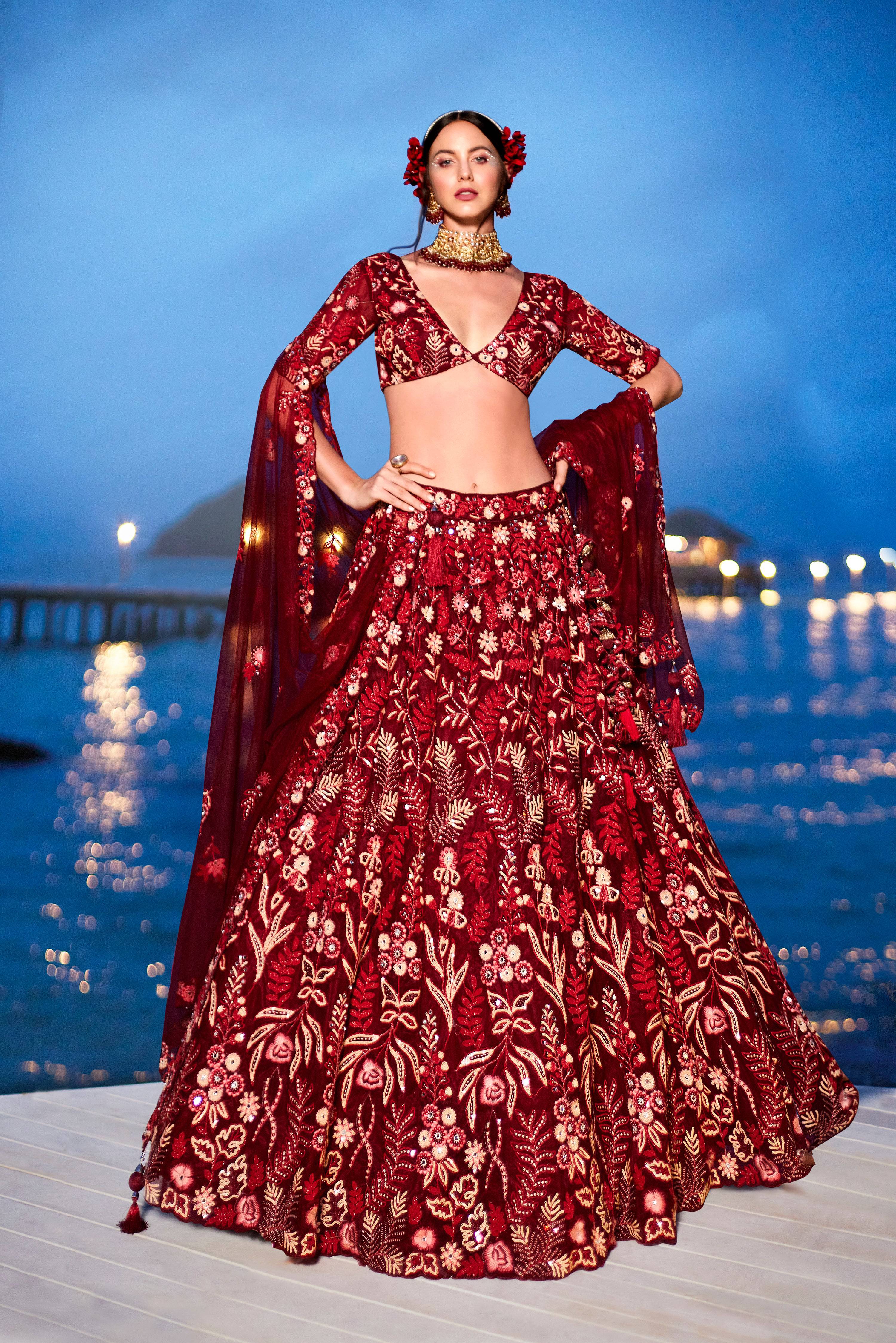 House of Panchhi Red Net Sequins, Mirror And Thread Embroidery Lehenga Choli & Dupatta - Distacart