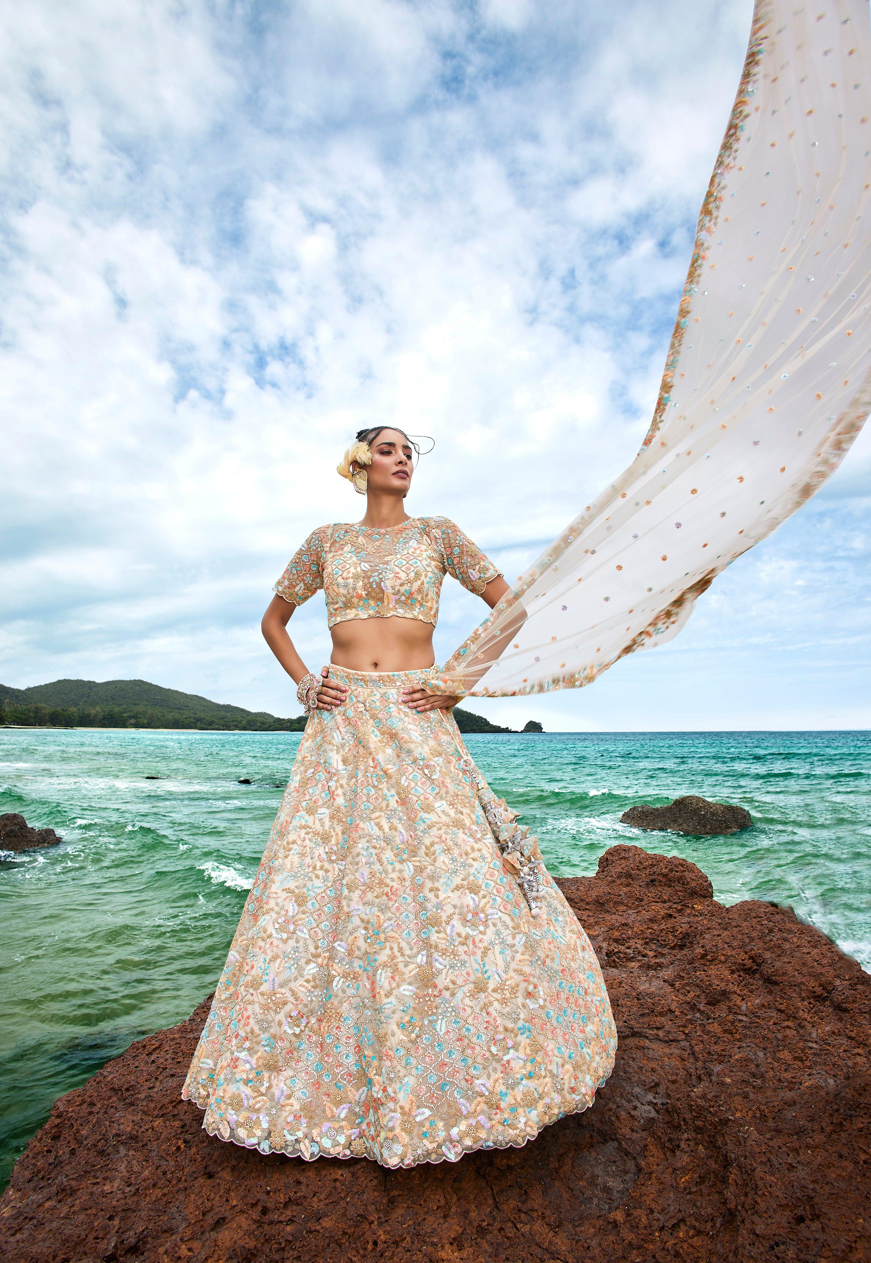 House of Panchhi Cream Net Multi Colour Sequins, Zarkans And Thread Embroidery Lehenga Choli & Dupatta - Distacart