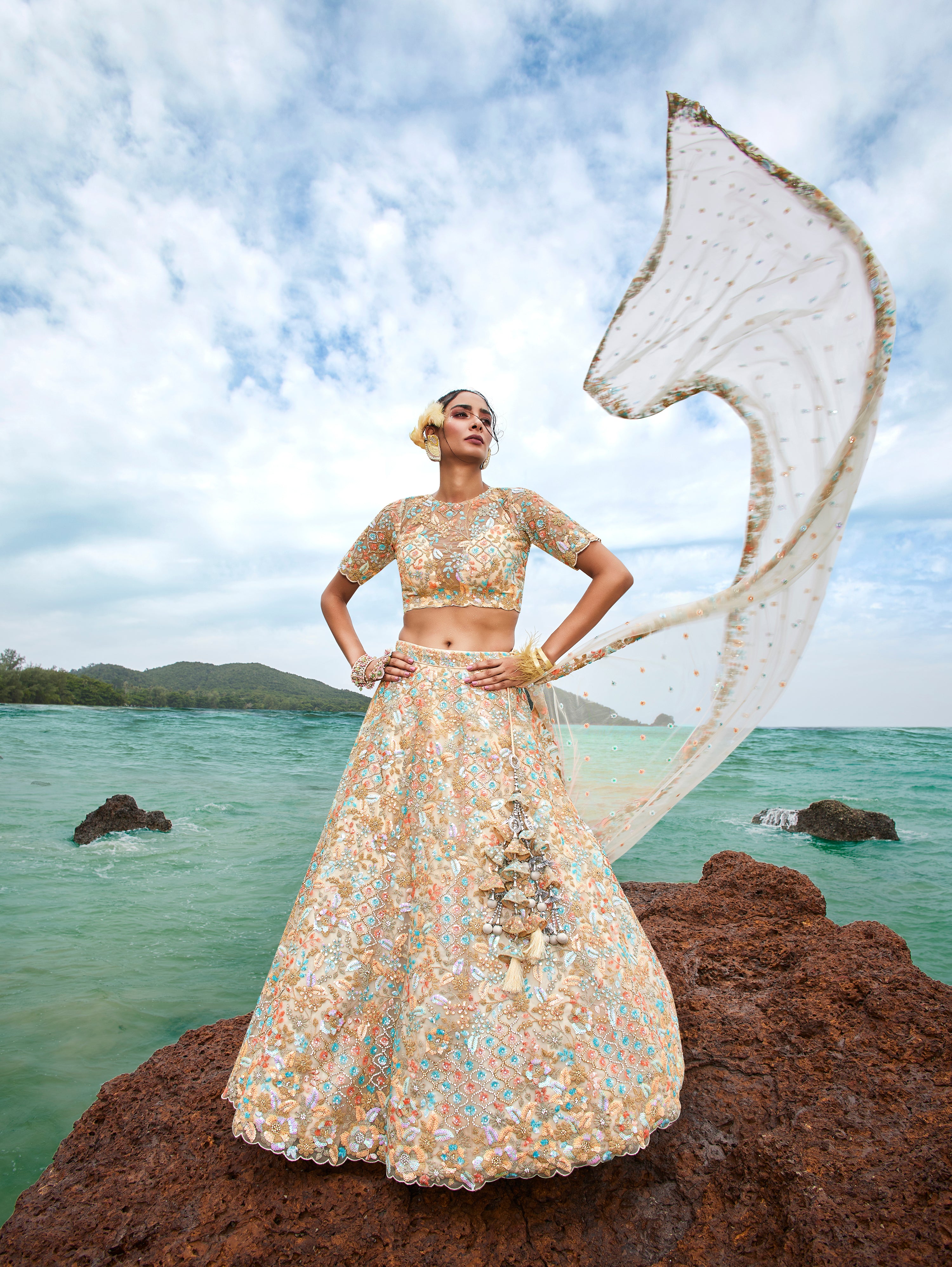 House of Panchhi Cream Net Multi Colour Sequins, Zarkans And Thread Embroidery Lehenga Choli & Dupatta - Distacart
