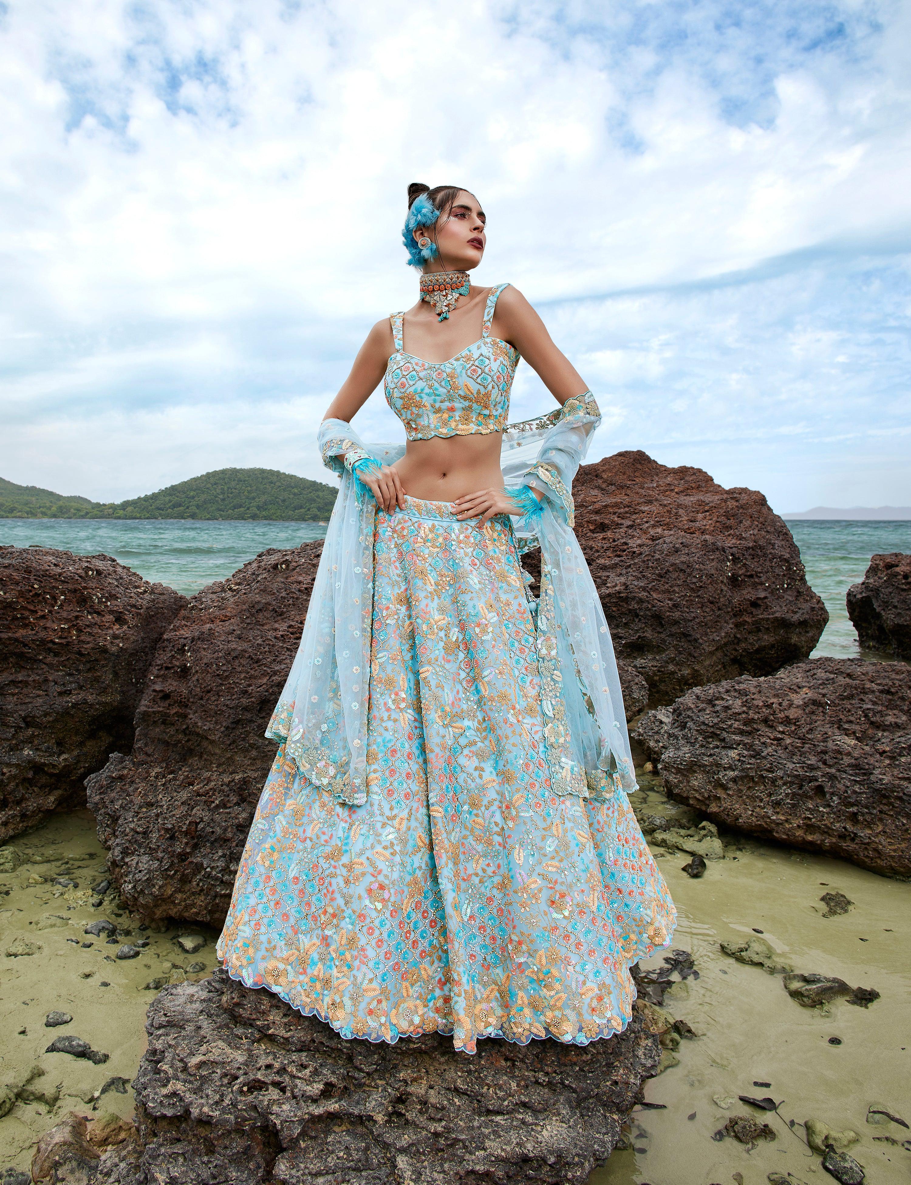 House of Panchhi Turquoise Blue Net Multi Colour Sequins, Zarkans And Thread Embroidery Lehenga Choli & Dupatta - Distacart