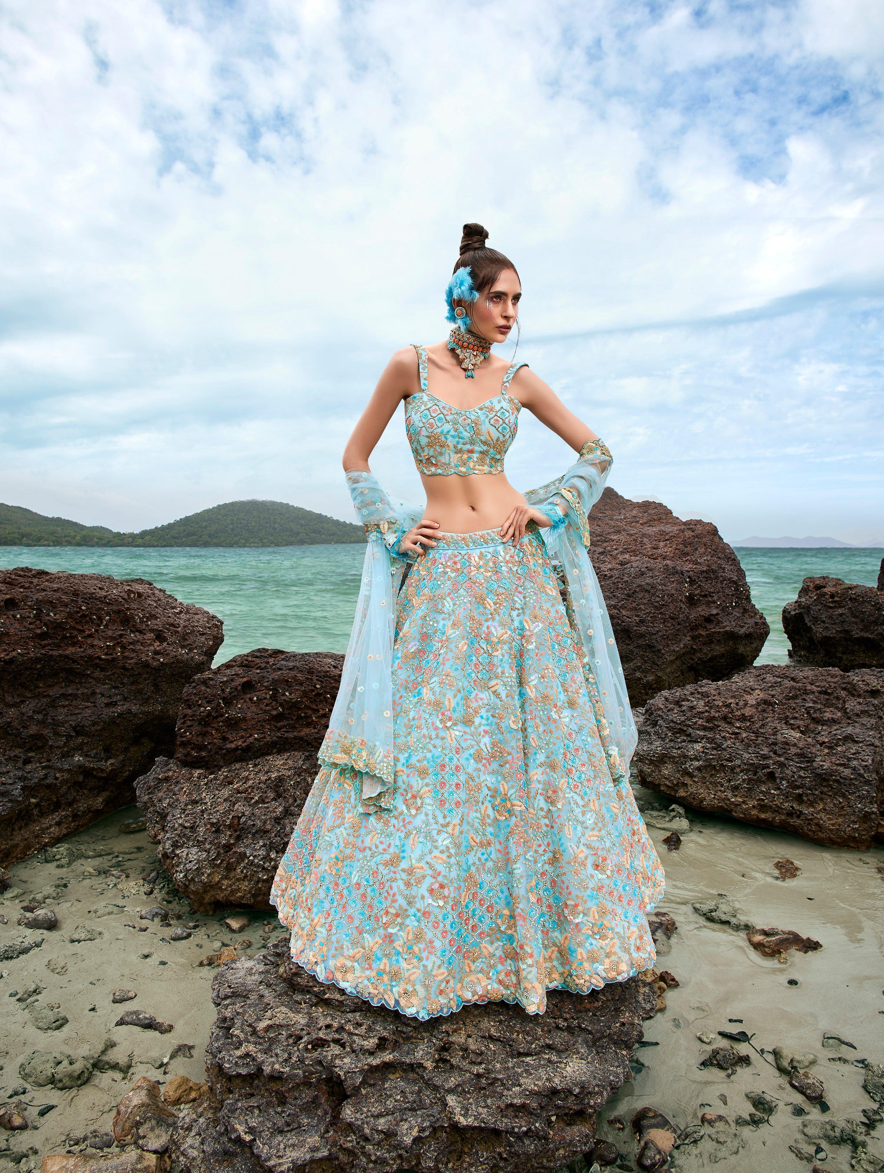 House of Panchhi Turquoise Blue Net Multi Colour Sequins, Zarkans And Thread Embroidery Lehenga Choli & Dupatta - Distacart