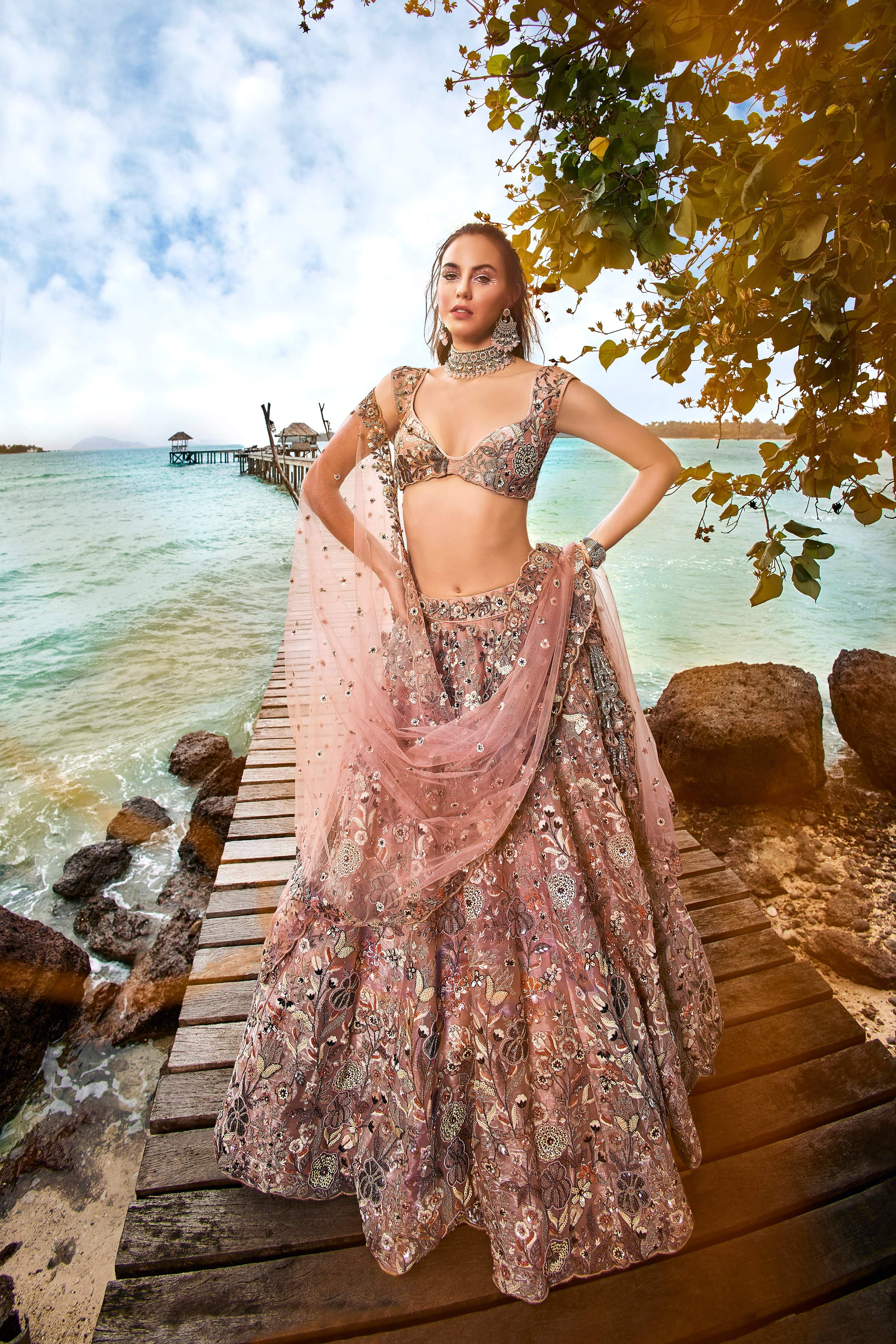 House of Panchhi Peach Organza Sequins, Moti And Thread Embroidery Lehenga Choli & Dupatta - Distacart