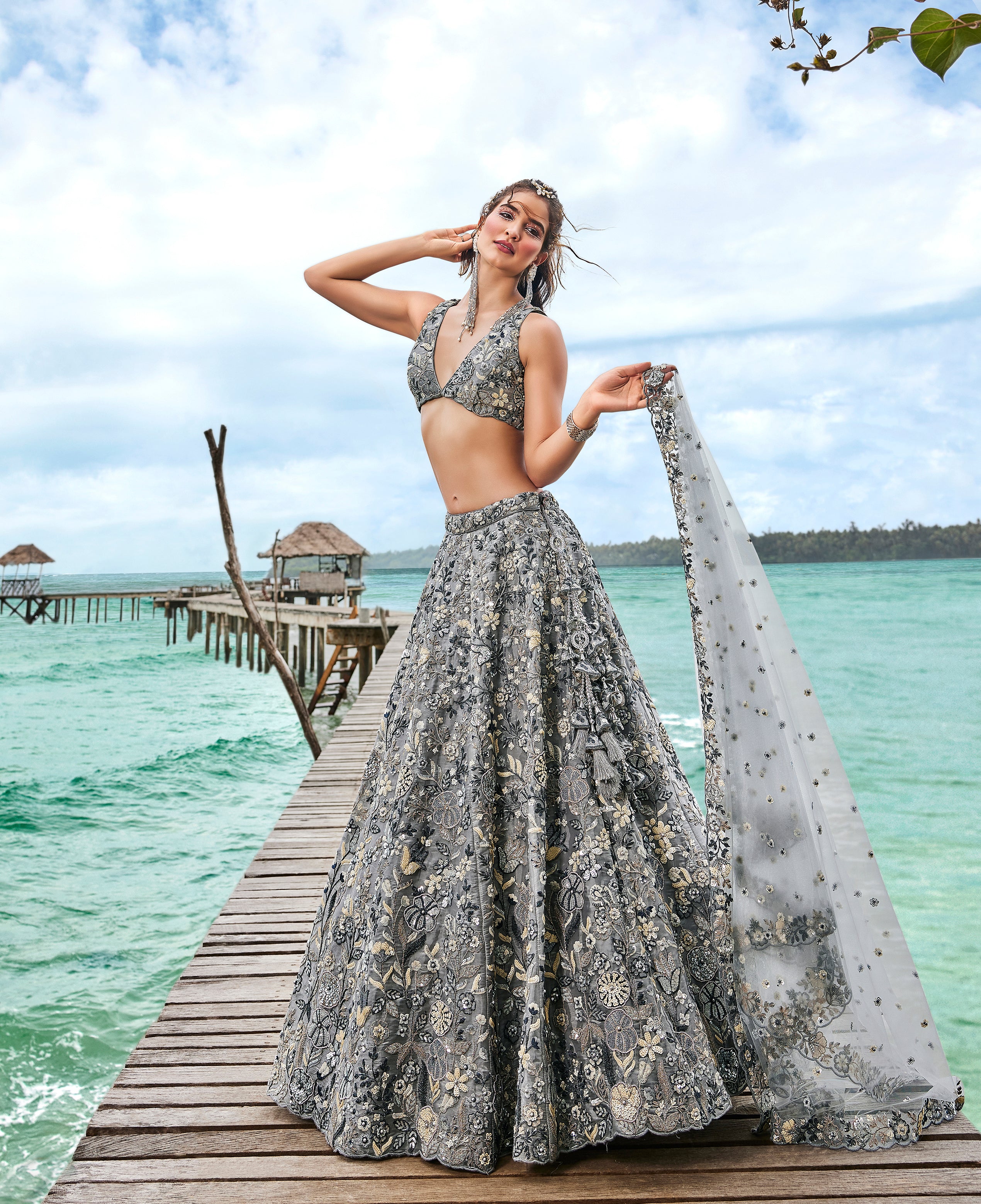 House of Panchhi Grey Organza Sequins, Moti And Thread Embroidery Lehenga Choli & Dupatta - Distacart