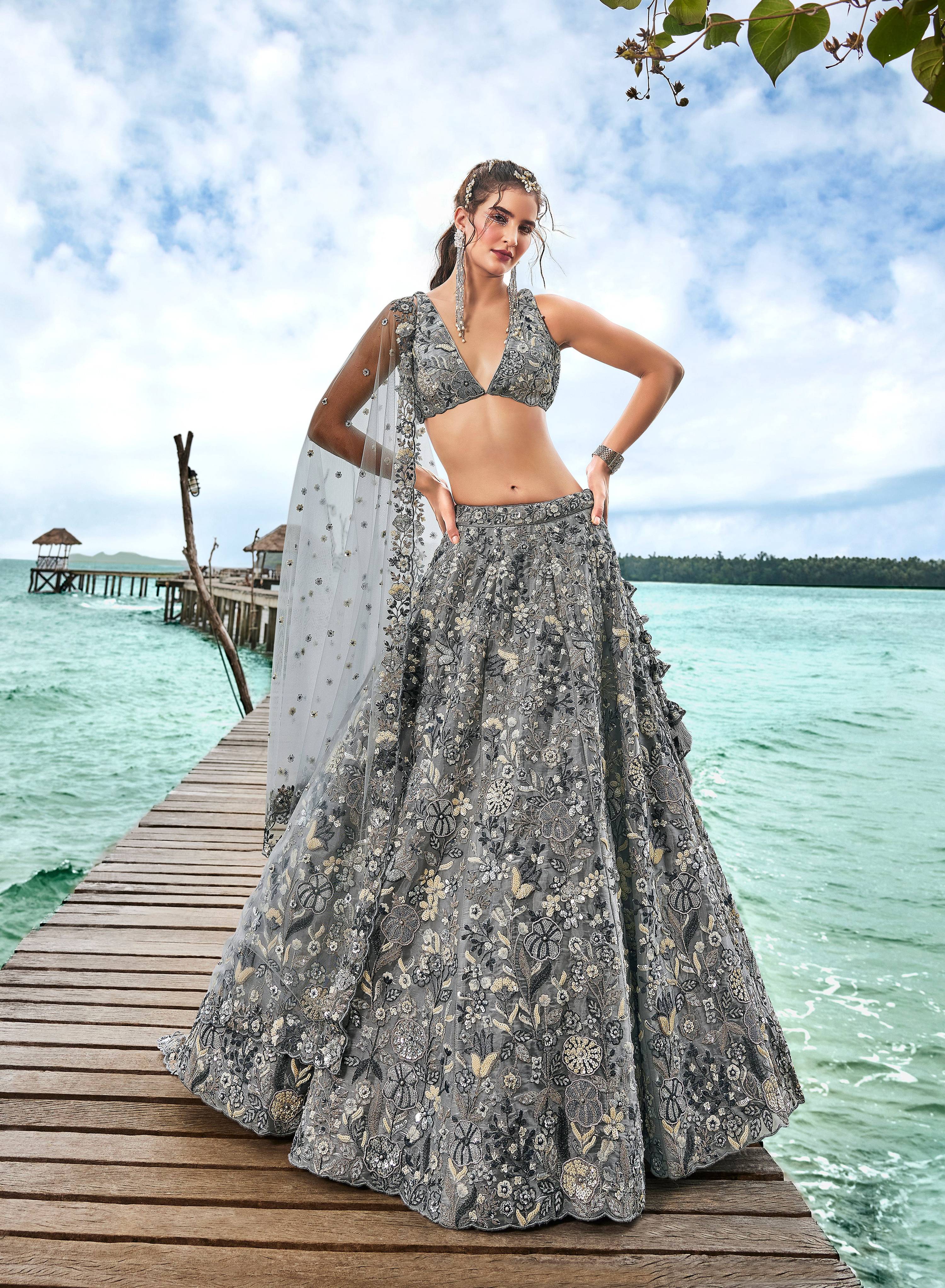 House of Panchhi Grey Organza Sequins, Moti And Thread Embroidery Lehenga Choli & Dupatta - Distacart