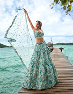 Thumbnail for House of Panchhi Turquoise Blue Organza Sequins, Moti And Thread Embroidery Lehenga Choli & Dupatta - Distacart