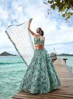 Thumbnail for House of Panchhi Turquoise Blue Organza Sequins, Moti And Thread Embroidery Lehenga Choli & Dupatta - Distacart