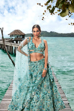 Thumbnail for House of Panchhi Turquoise Blue Organza Sequins, Moti And Thread Embroidery Lehenga Choli & Dupatta - Distacart