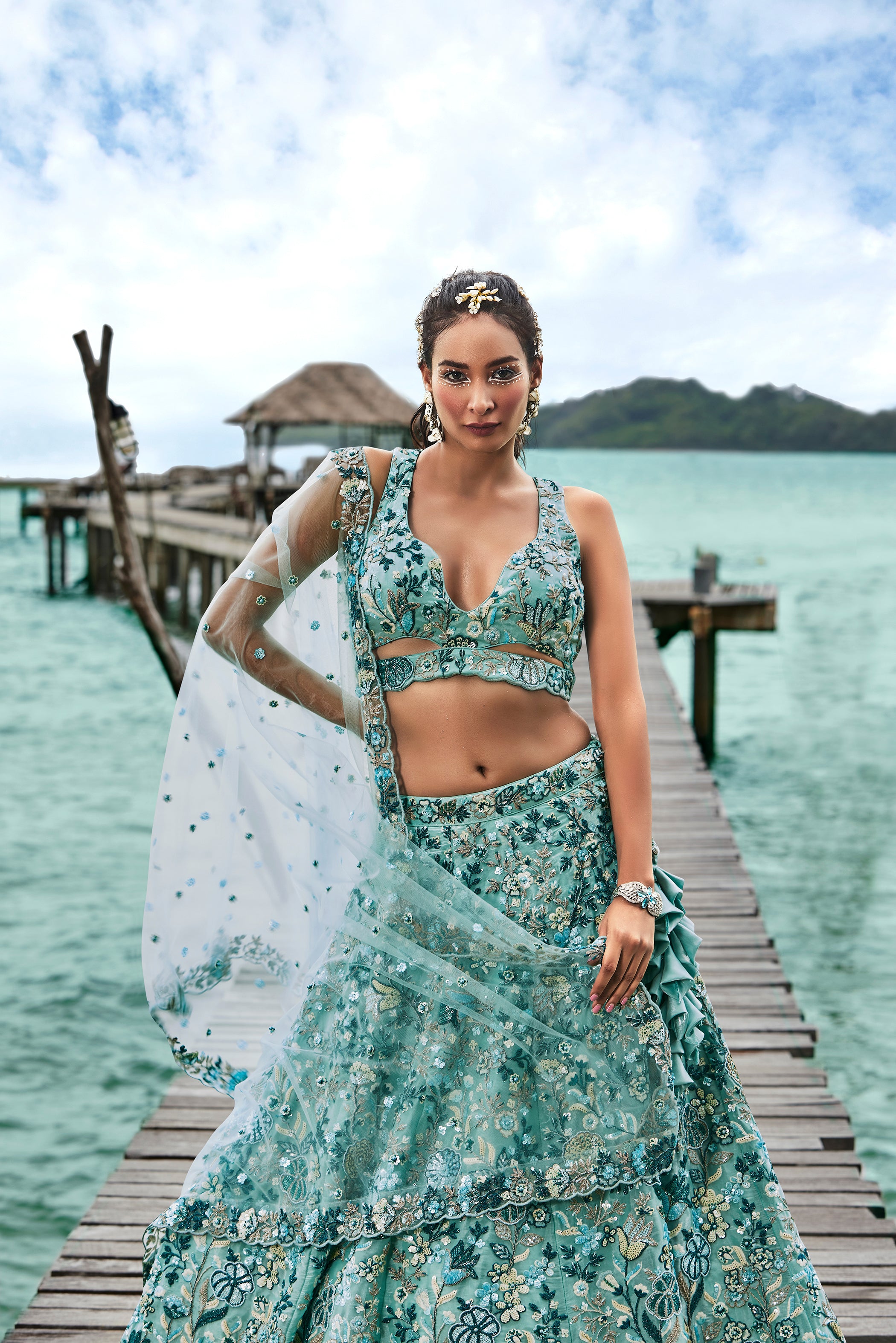 House of Panchhi Turquoise Blue Organza Sequins, Moti And Thread Embroidery Lehenga Choli & Dupatta - Distacart