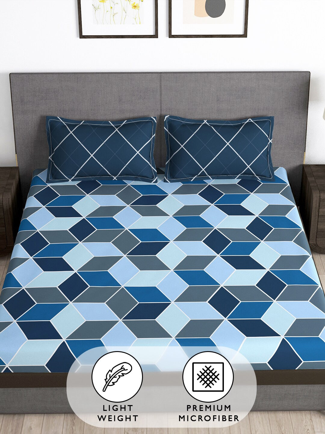 Story@home Arena Blue & Grey Geometric Printed 180 TC Queen Bedsheet & 2 Pillow Covers - Distacart