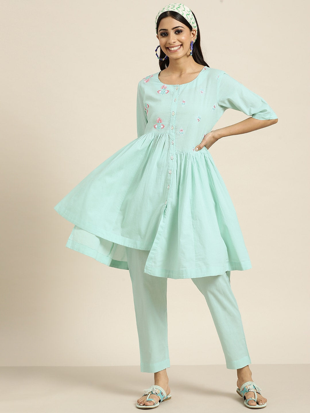 Sangria Women Turquoise Blue Floral Embroidered Kurta with Palazzos - Distacart