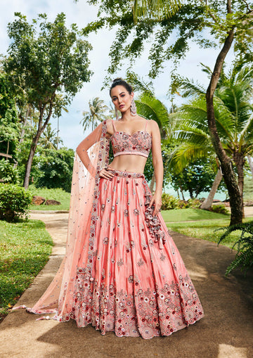 House of Panchhi Peach Pure Georgette Sequins, Zarkan And Thread Embroidery Lehenga Choli & Dupatta - Distacart