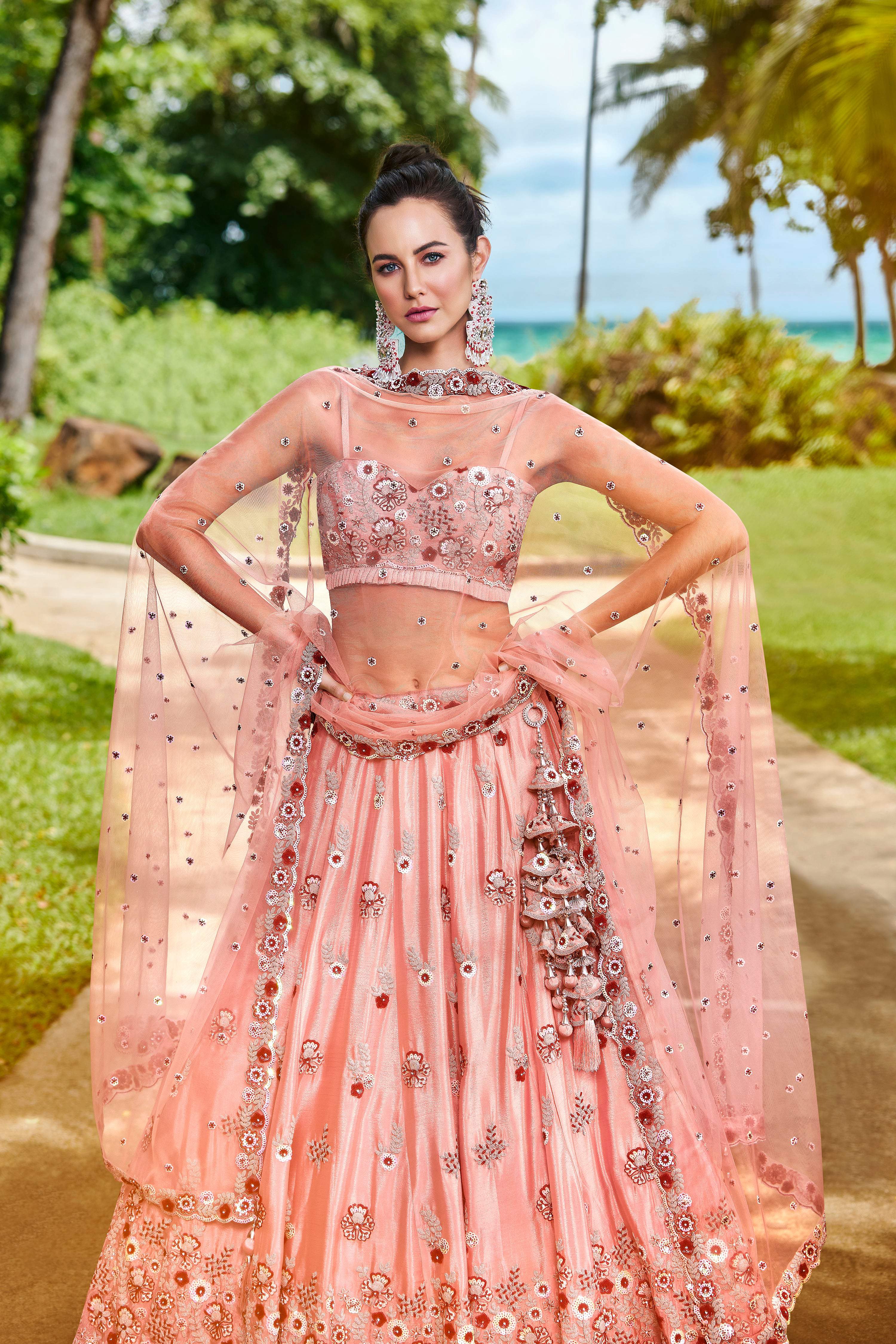 House of Panchhi Peach Pure Georgette Sequins, Zarkan And Thread Embroidery Lehenga Choli & Dupatta - Distacart