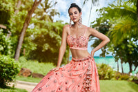 Thumbnail for House of Panchhi Peach Pure Georgette Sequins, Zarkan And Thread Embroidery Lehenga Choli & Dupatta - Distacart