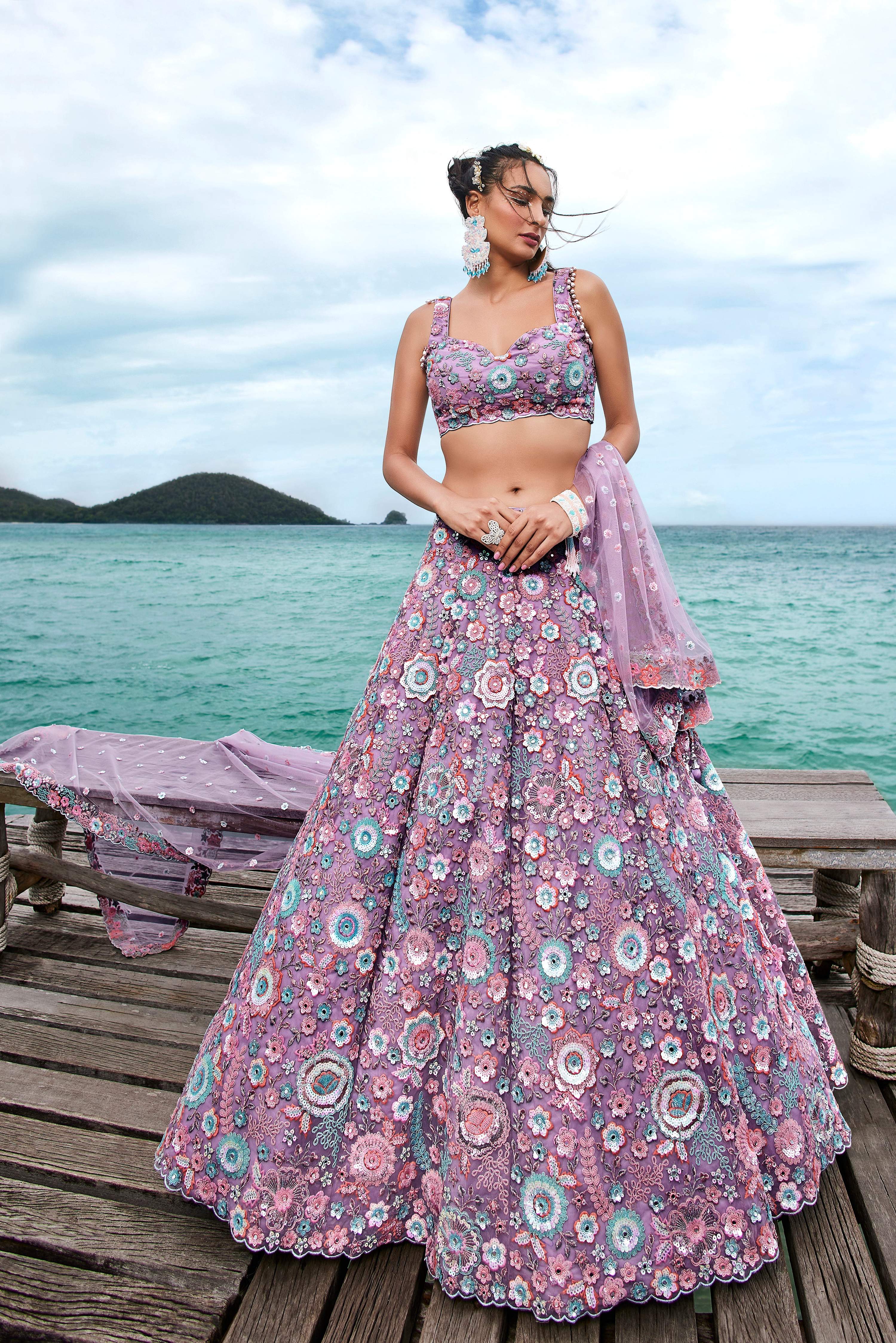 House of Panchhi Mauve Net Sequins, Mirror And Thread Embroidery Lehenga Choli & Dupatta - Distacart