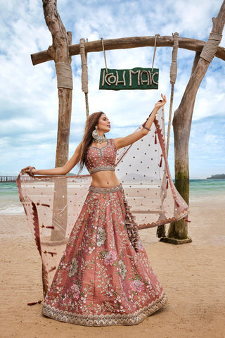 House of Panchhi Rose Gold Net Sequins, Moti, Mirror And Thread Embroidery Lehenga Choli & Dupatta - Distacart