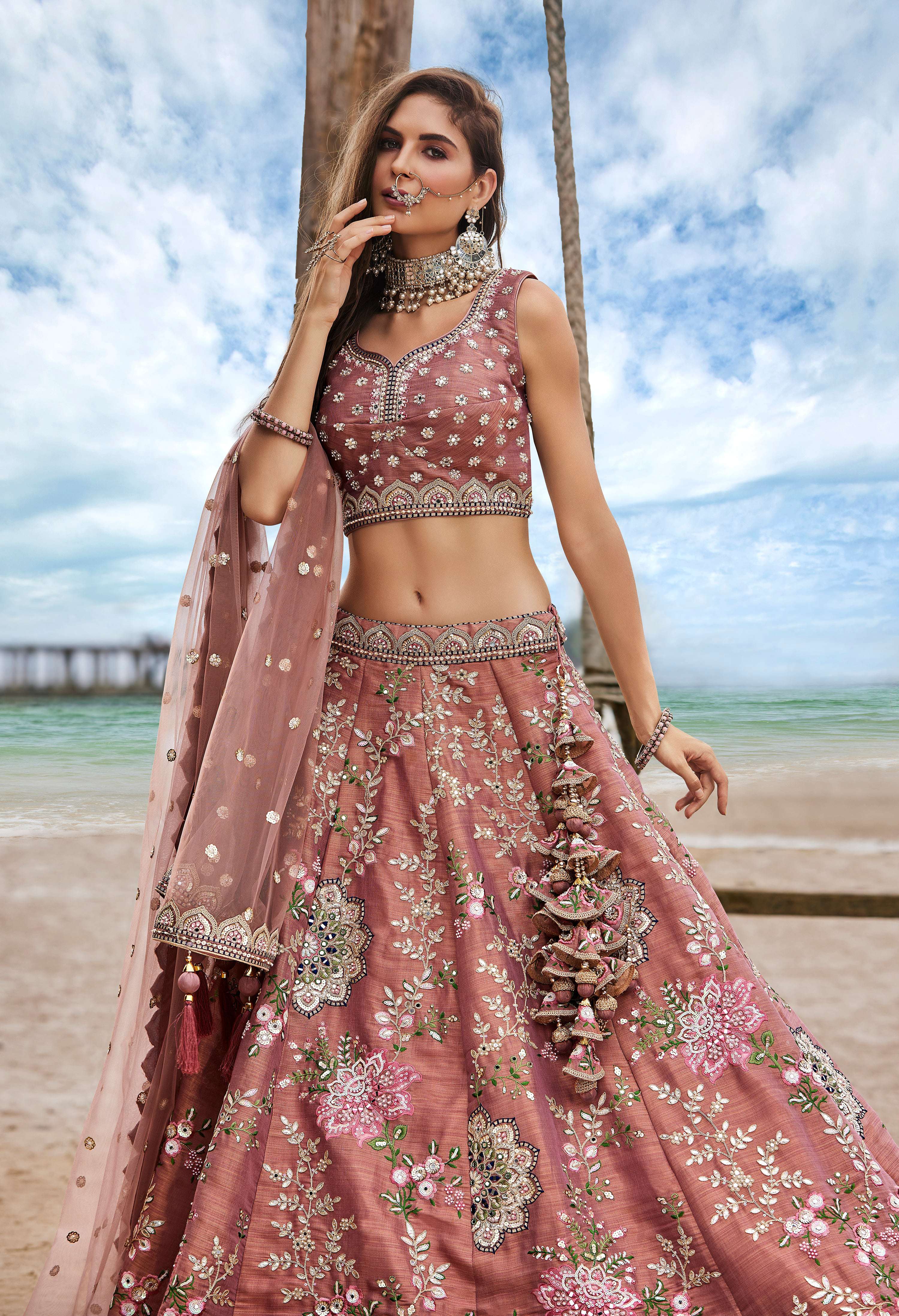 House of Panchhi Rose Gold Net Sequins, Moti, Mirror And Thread Embroidery Lehenga Choli & Dupatta - Distacart