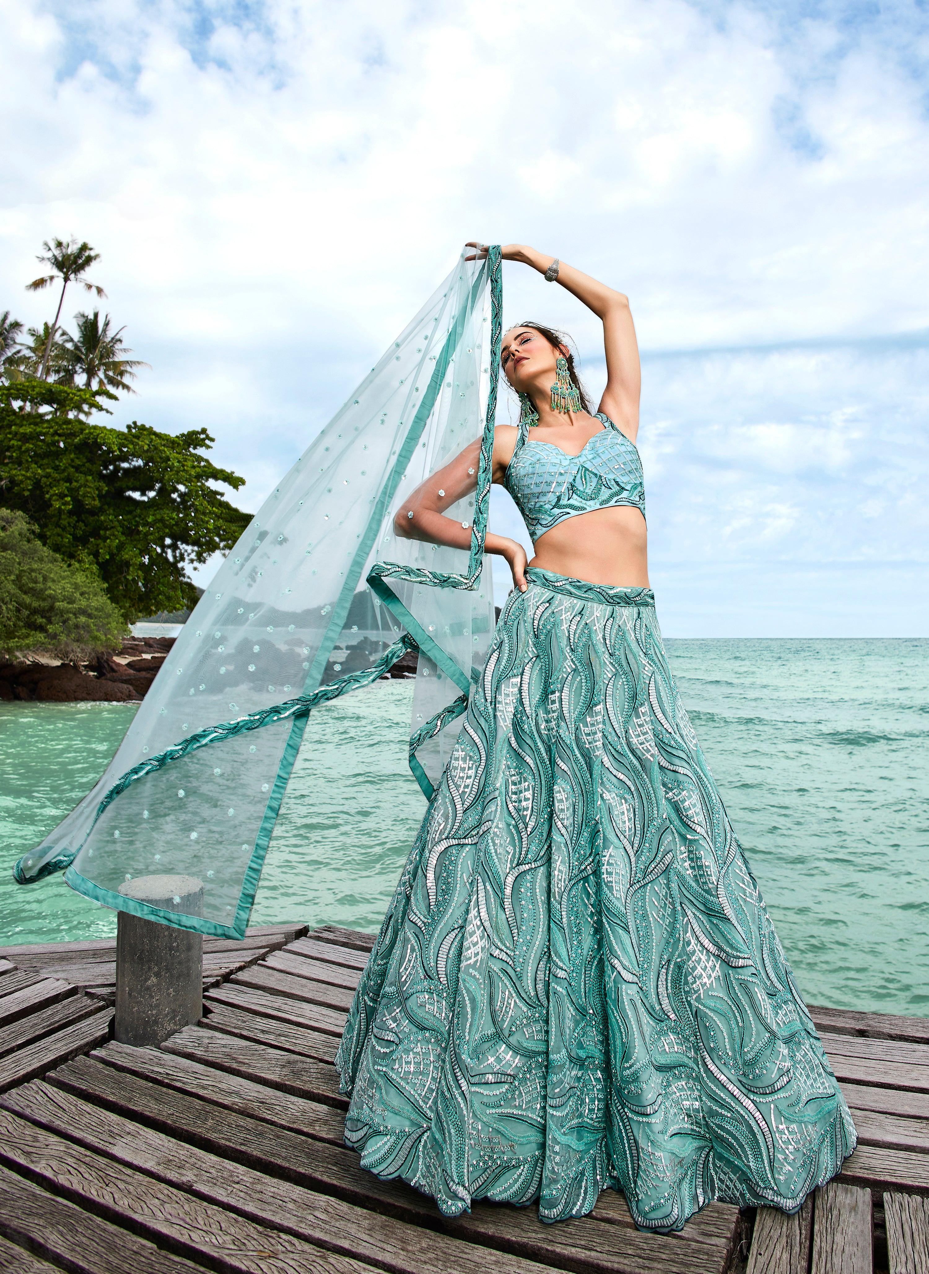 House of Panchhi Turquoise Blue Net Sequins, Zarkan And Thread Embroidery Lehenga Choli & Dupatta - Distacart