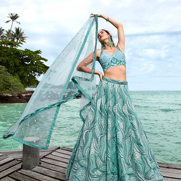 House of Panchhi Turquoise Blue Net Sequins, Zarkan And Thread Embroidery Lehenga Choli & Dupatta - Distacart