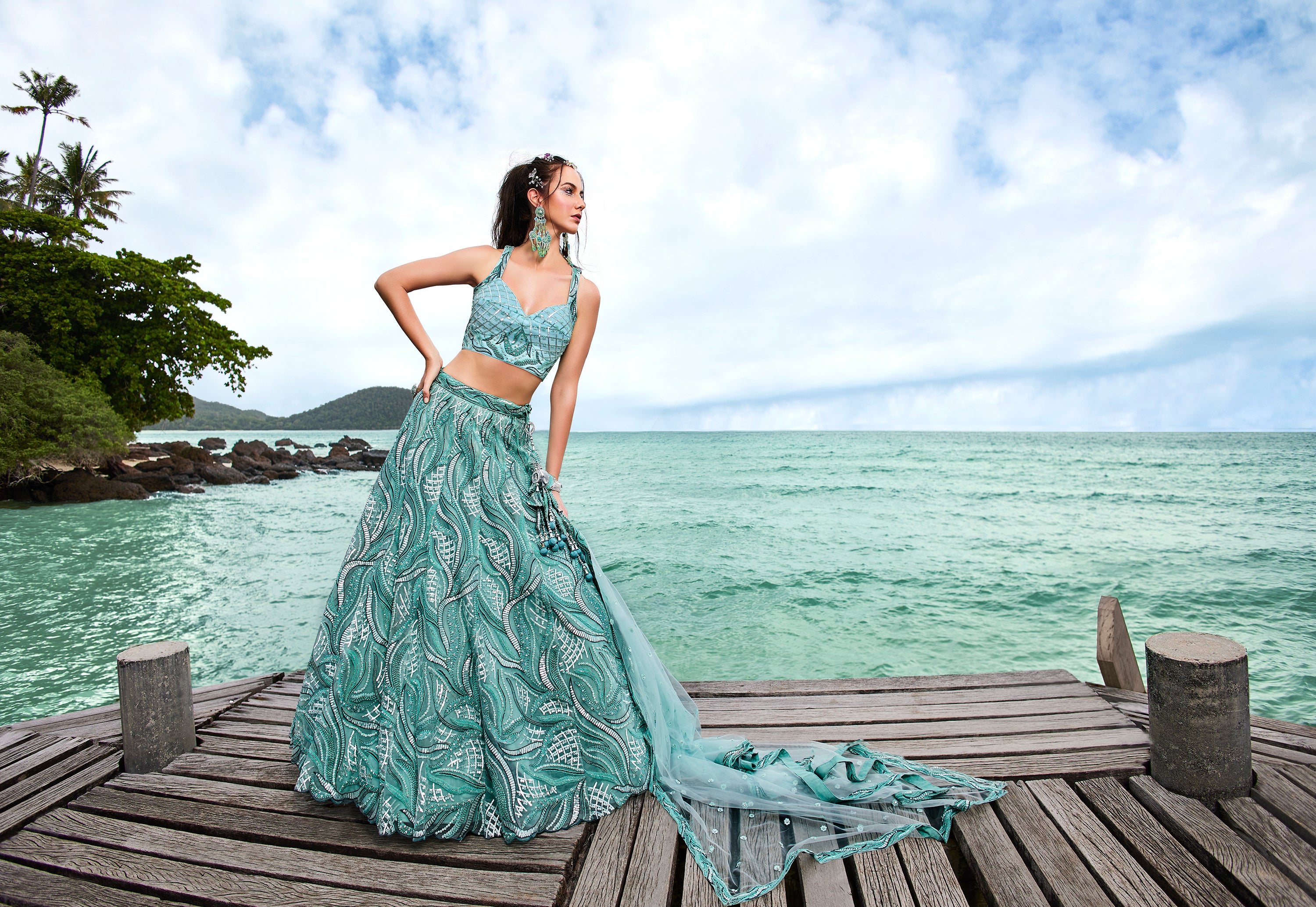 House of Panchhi Turquoise Blue Net Sequins, Zarkan And Thread Embroidery Lehenga Choli & Dupatta - Distacart