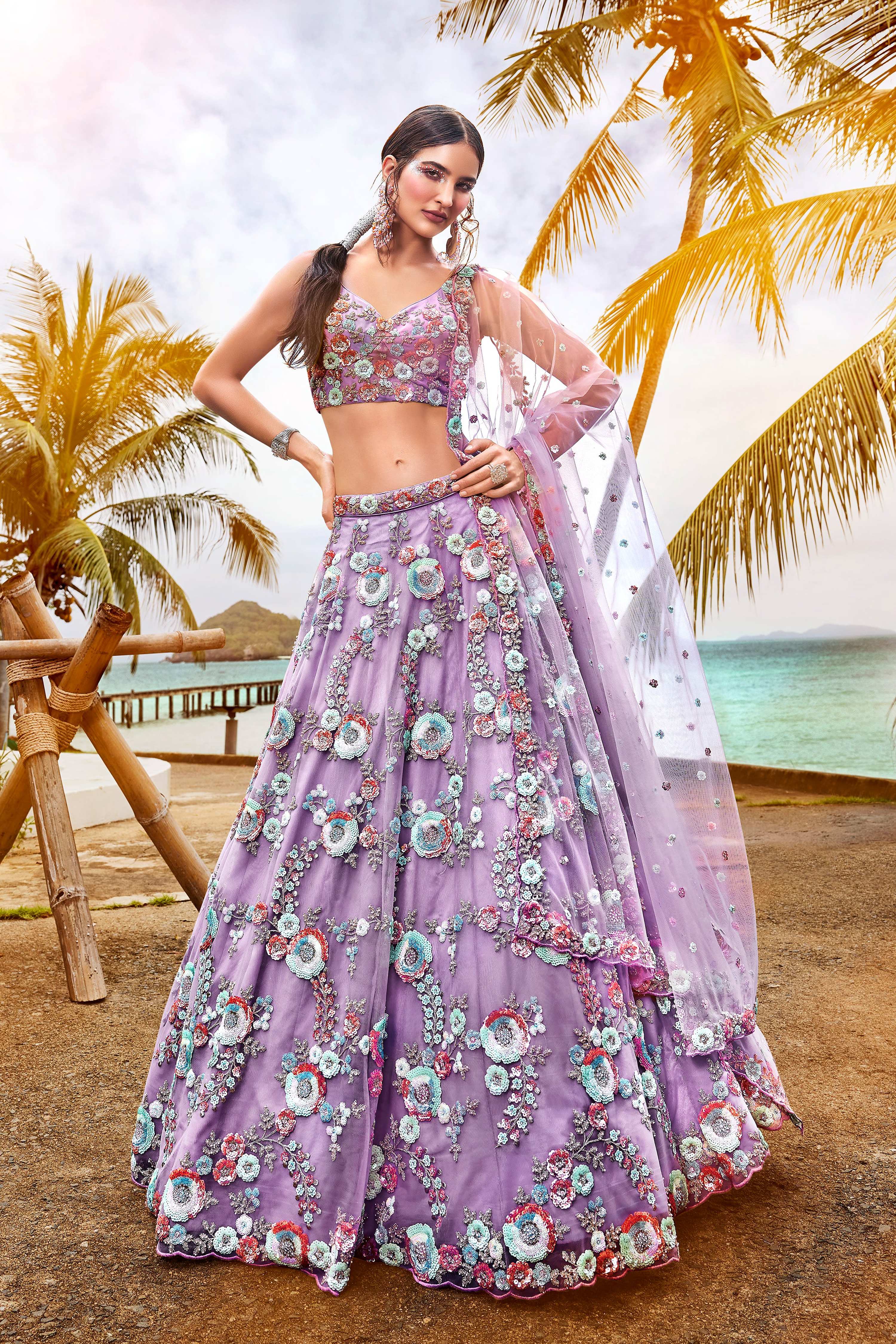 House of Panchhi Mauve Net Sequins & Zarkan Embroidery Lehenga Choli & Dupatta - Distacart
