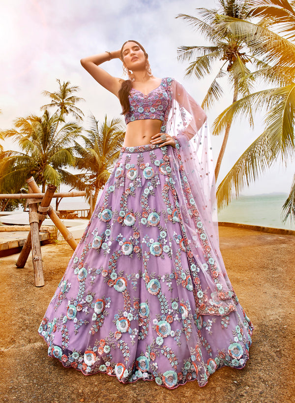 Dark Grey Net Pearl Embroidery Lehenga Choli & Dupatta