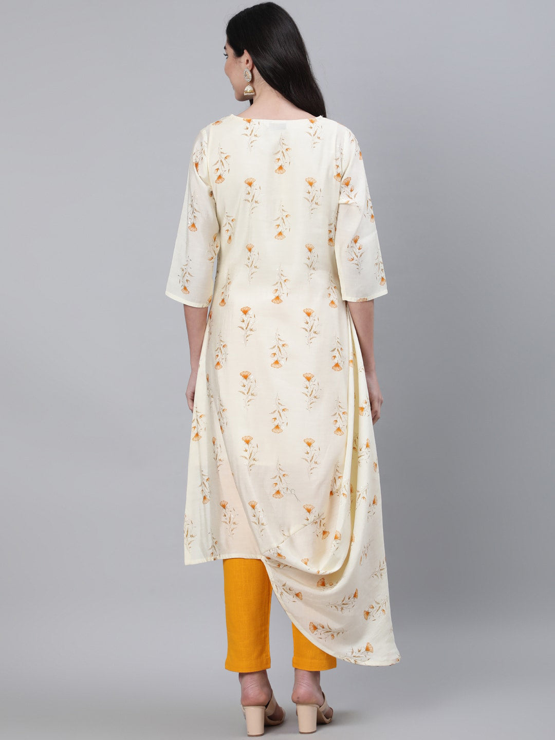 Jaipur Kurti Women Mustard Yellow Floral Embellished Flared Sleeves Chanderi Silk Chanderi Silk Kurta - Distacart